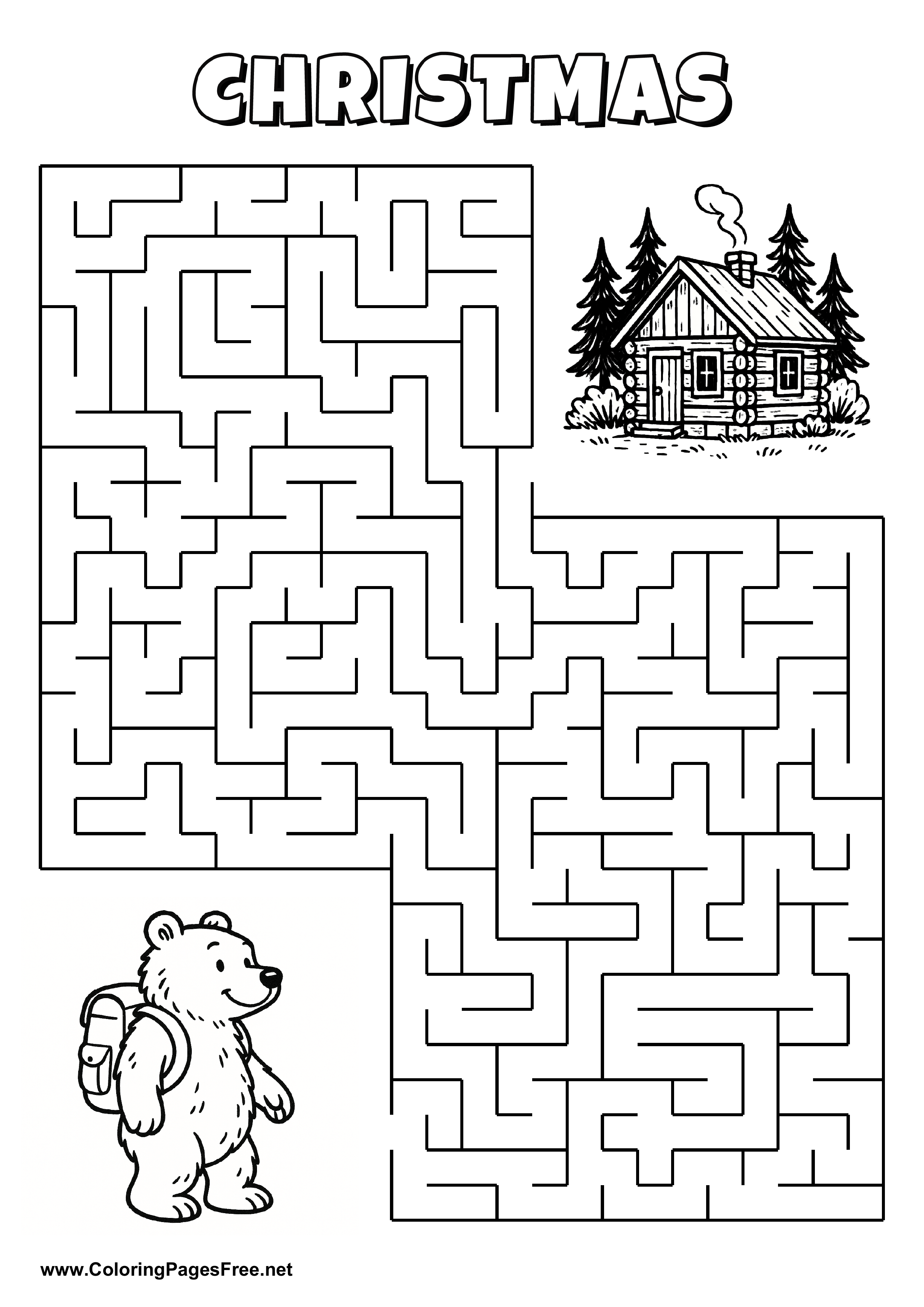 Printable Maze 'The bear with a backpack is looking for the way to the forest hut'