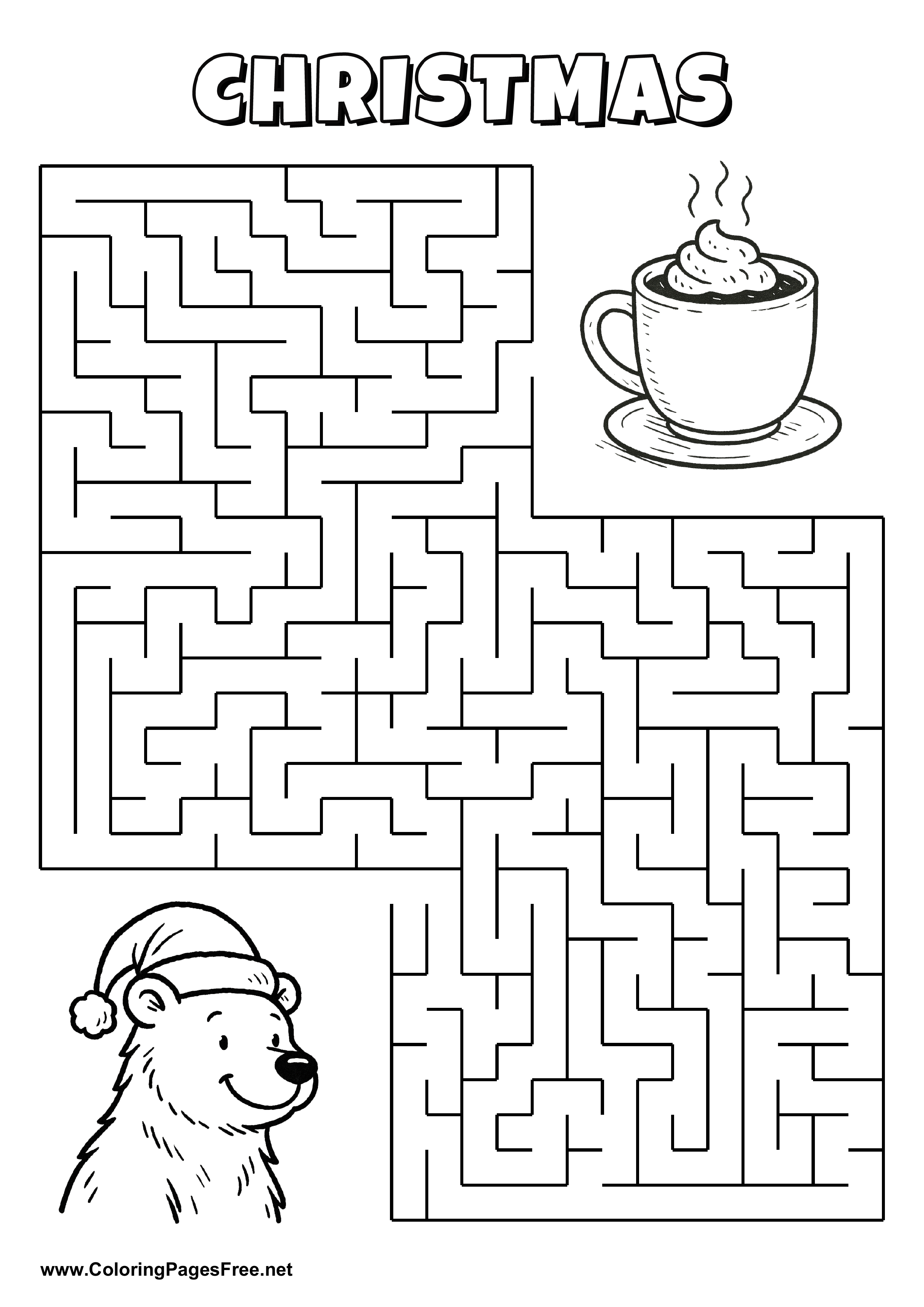 Printable Maze 'The bear with a Christmas hat is looking for the way to the cocoa cup'