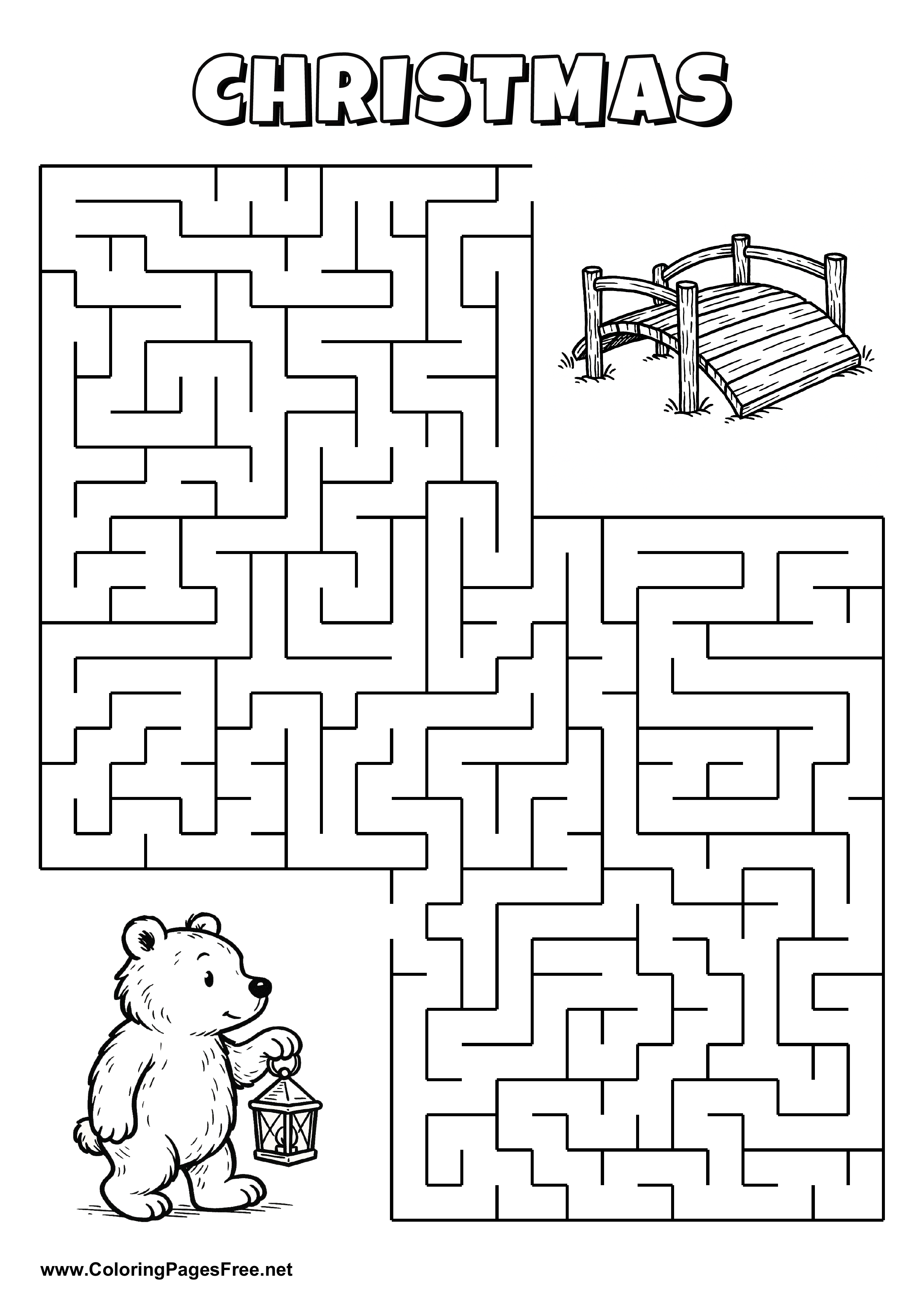 Printable Maze 'The bear with a lantern is looking for the way to the wooden bridge'