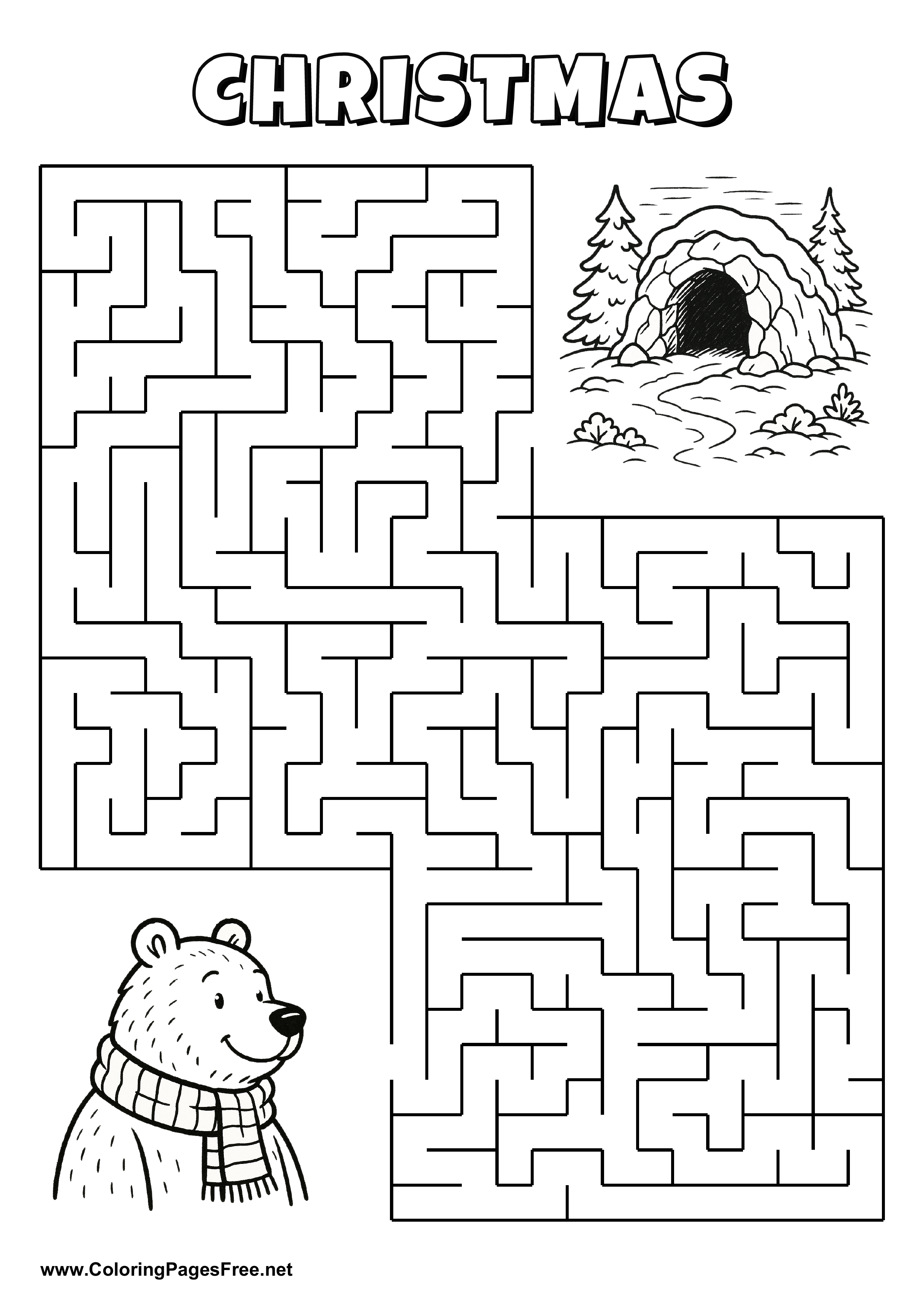 Printable Maze 'The bear with a scarf is looking for the way to the cave'