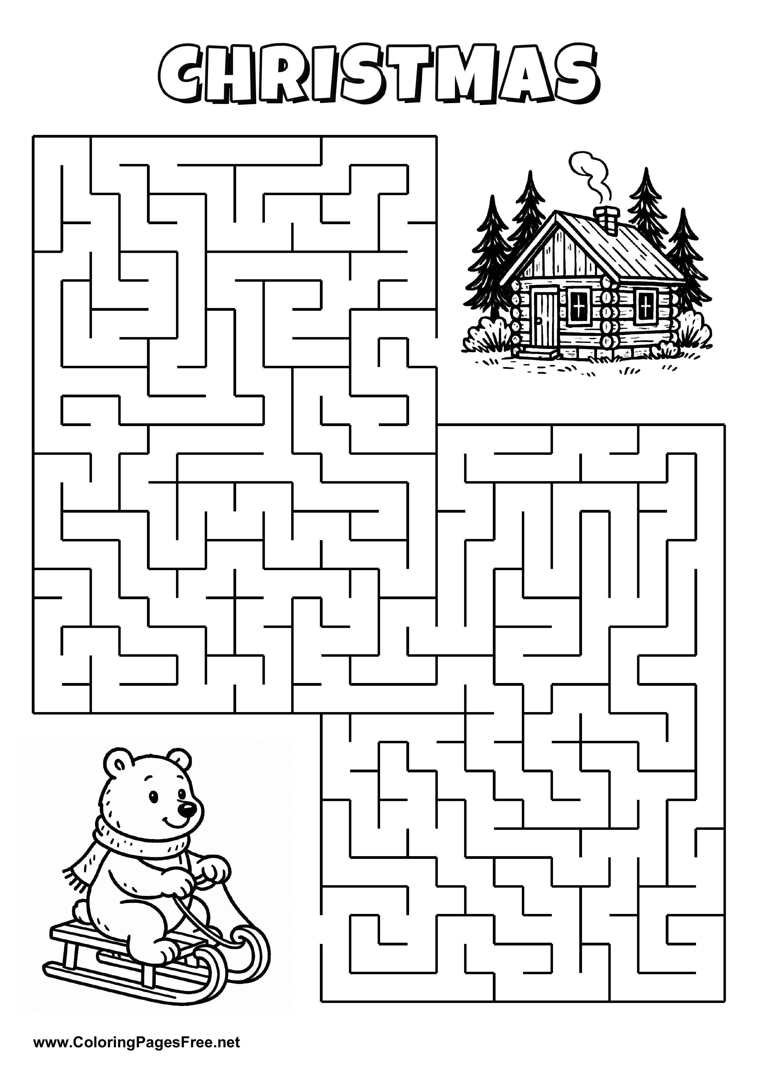 Printable Maze 'The bear with a sleigh is looking for the way to the forest hut'