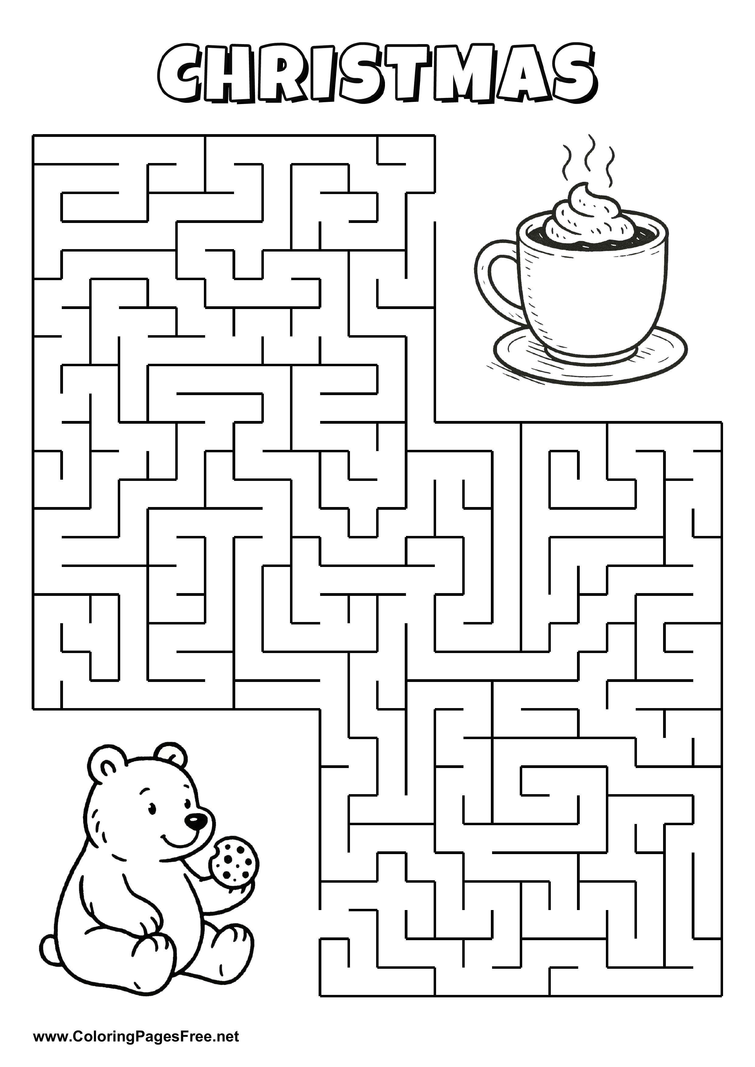 Printable Maze 'The bear with cookies is looking for the way to the cocoa cup'