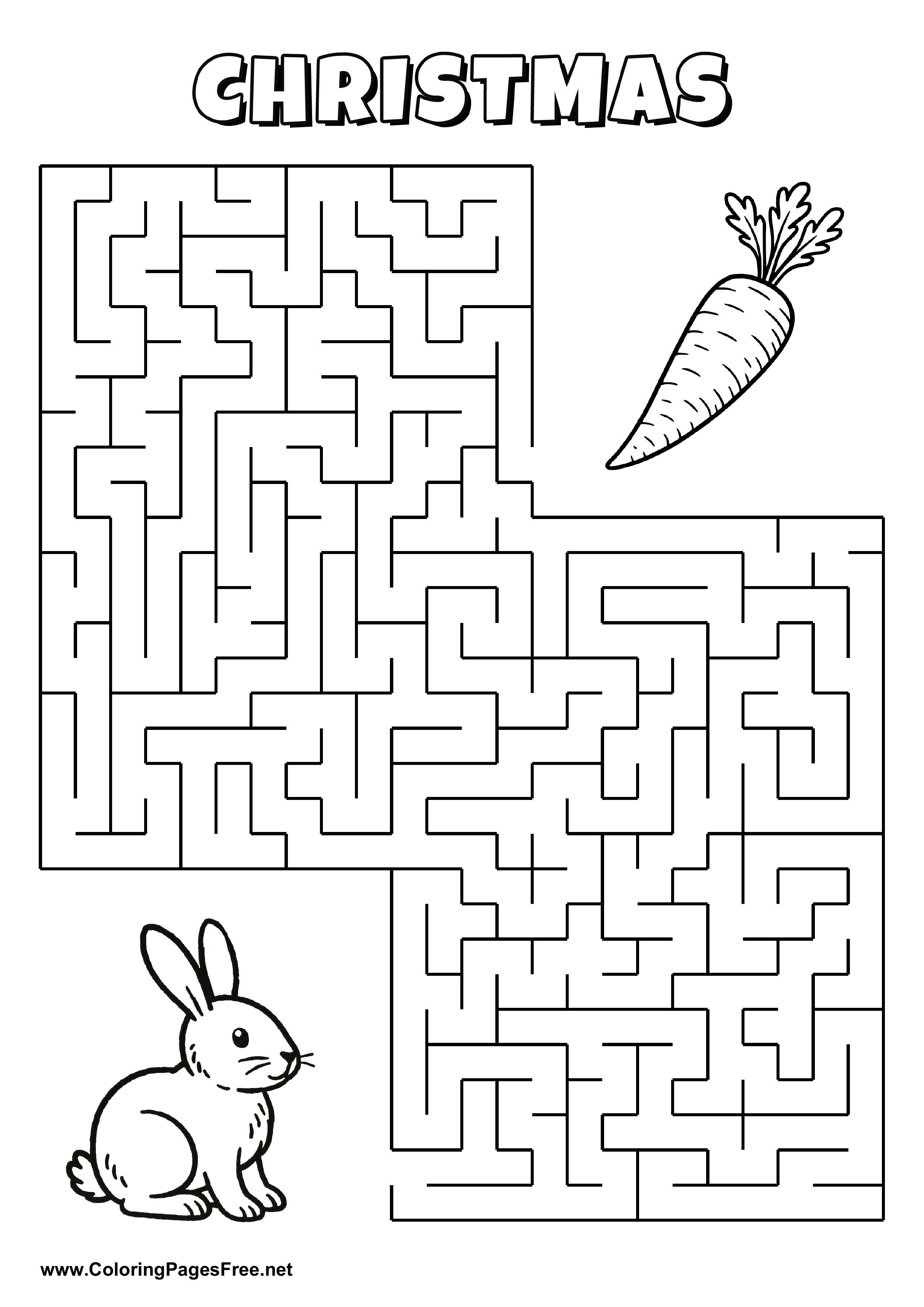 Printable Maze 'The bunny in winter is looking for the way to the tasty carrot'