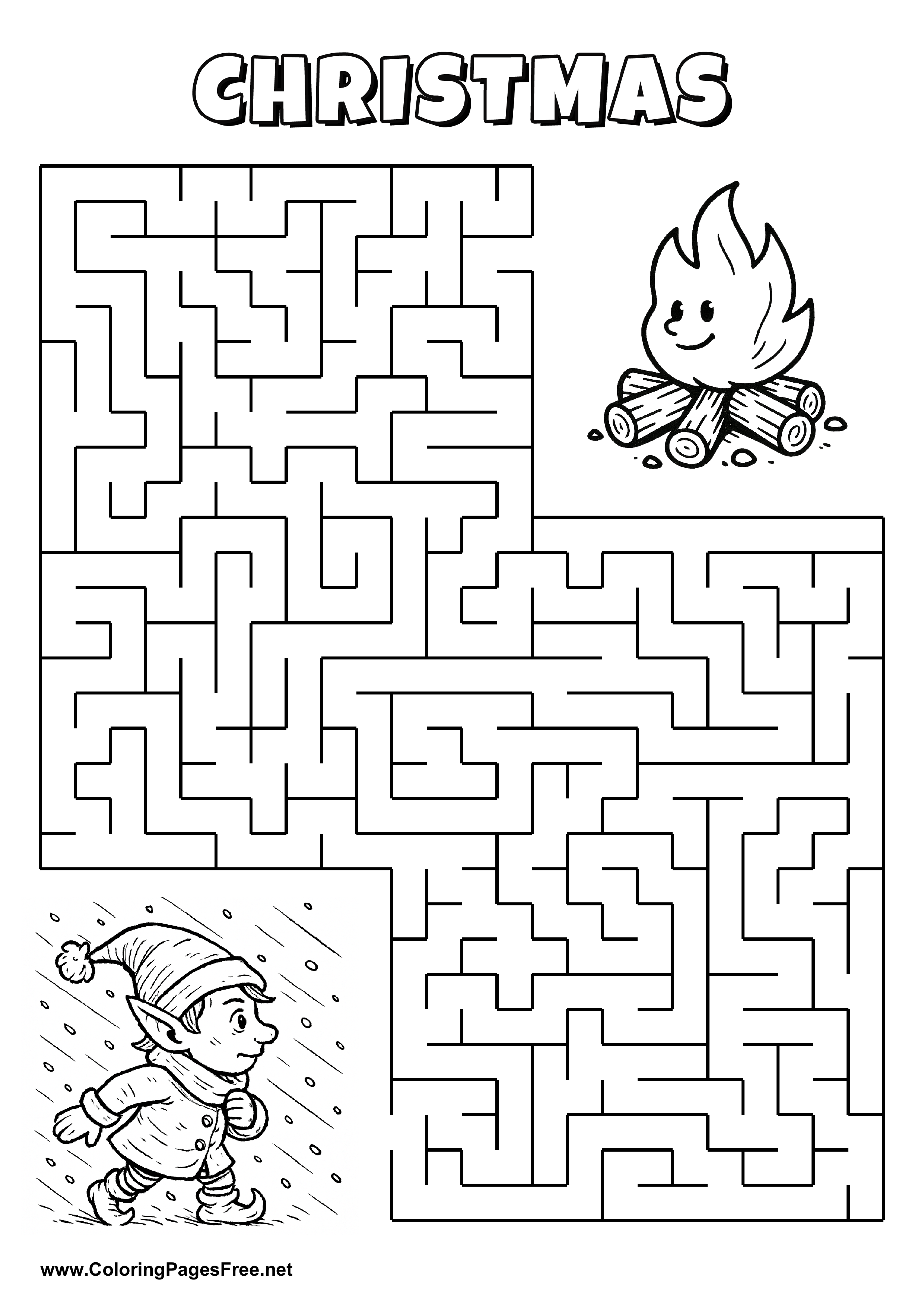 Printable Maze 'The elf in the snowstorm is looking for the way to the fire spot'
