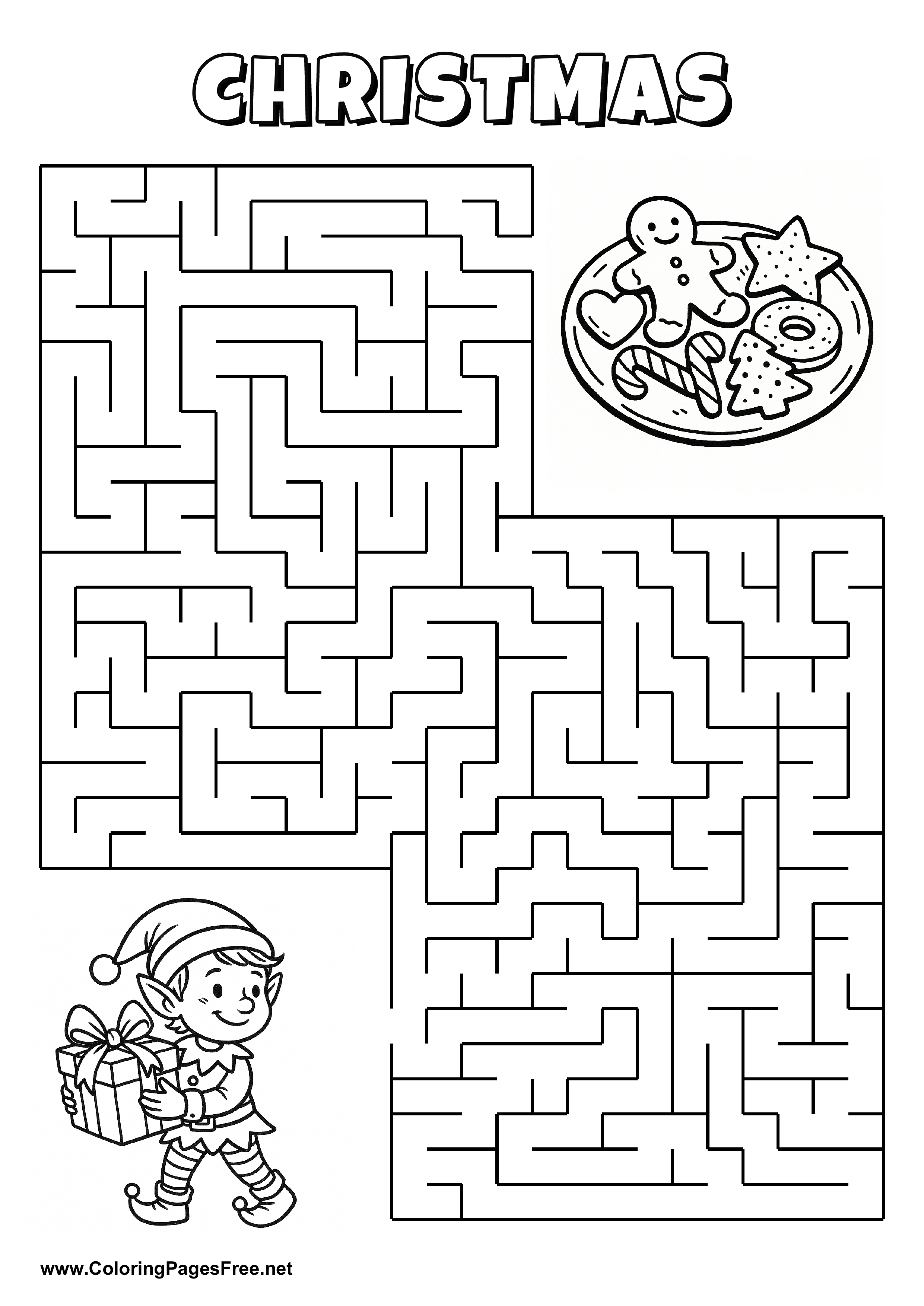Printable Maze 'The elf is looking for the way to the cookies'