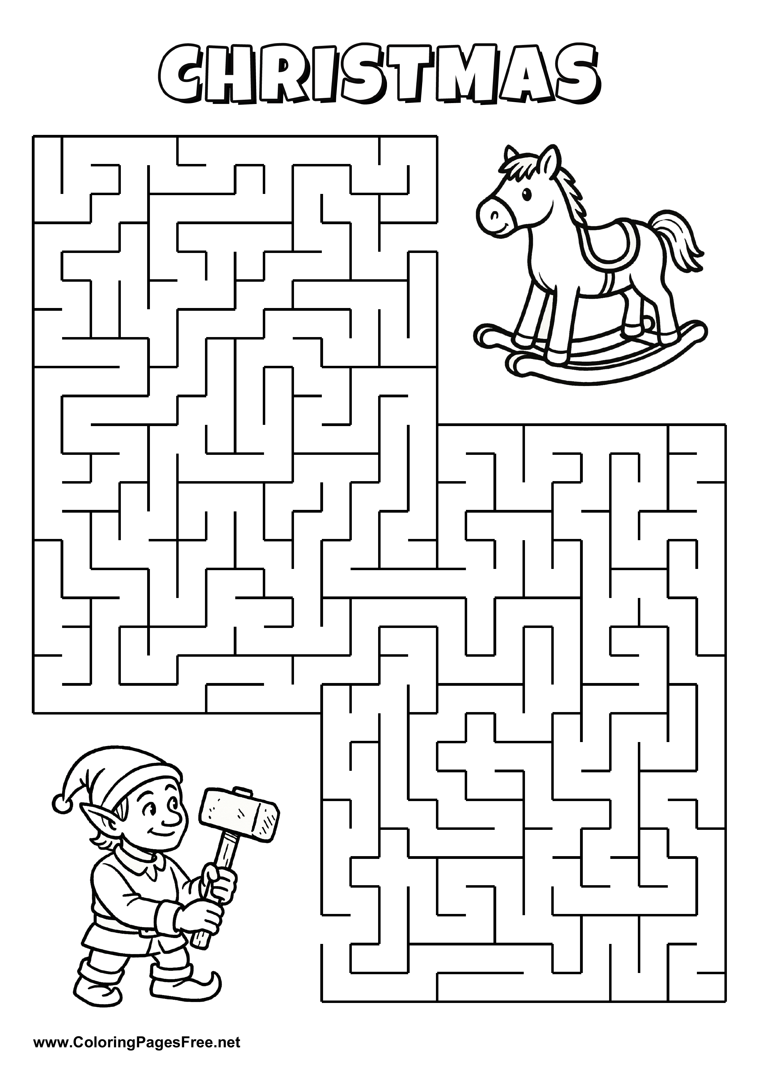 Printable Maze 'The elf is looking for the way to the wooden rocking horse'