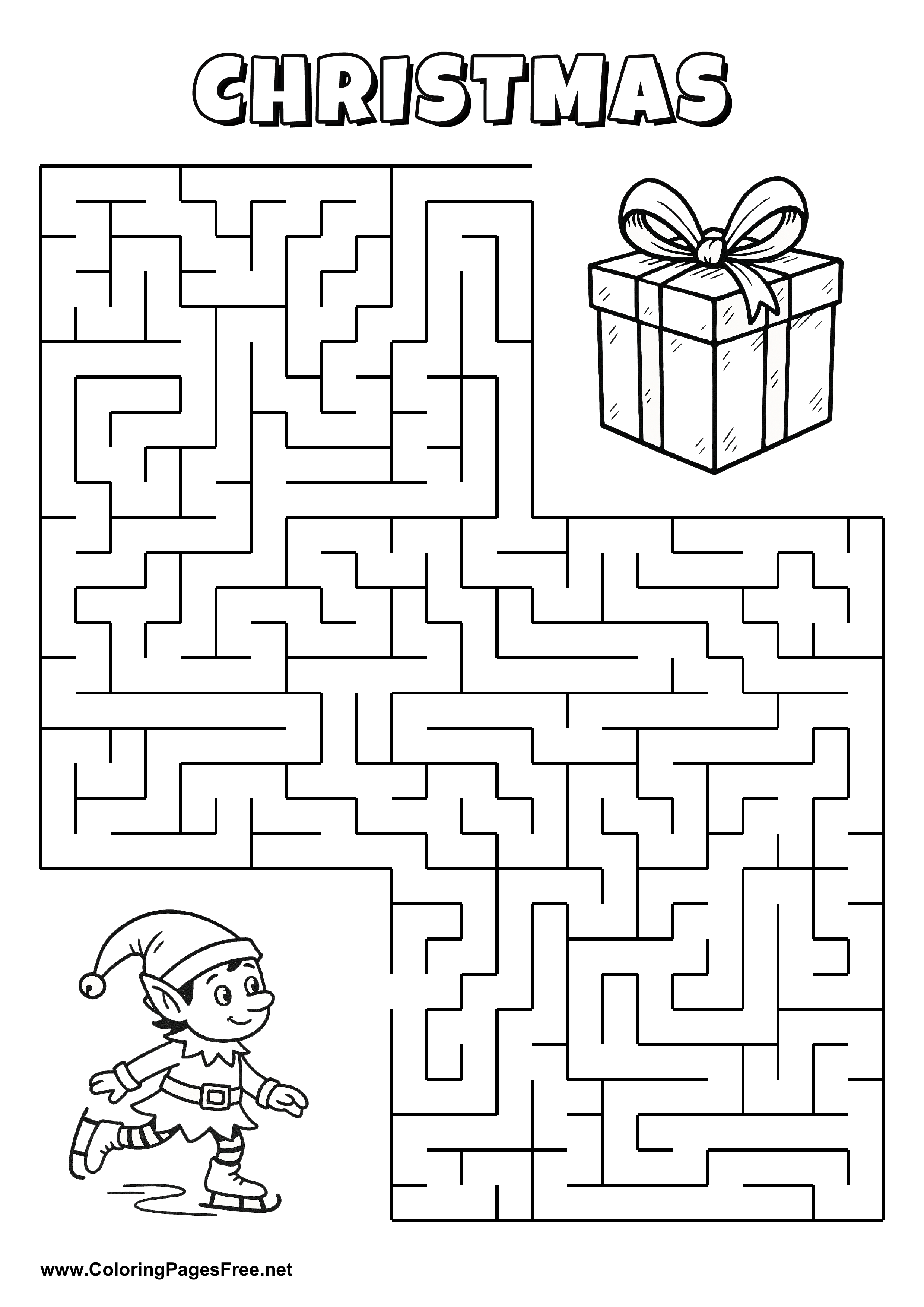 Printable Maze 'The elf on ice skates is looking for the way to the Christmas present'