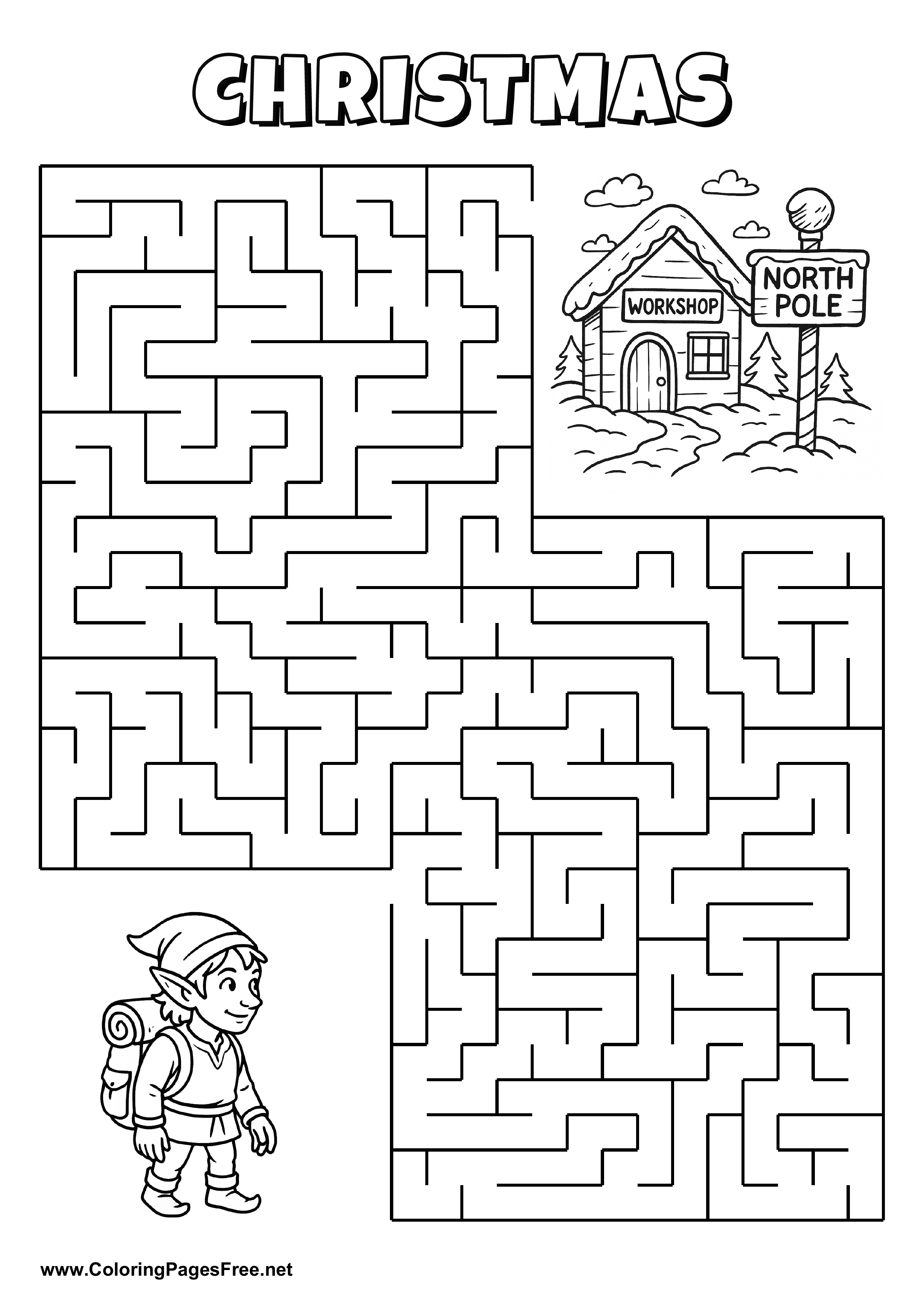 Printable Maze 'The elf with a backpack is looking for the way to the workshop at the North Pole'