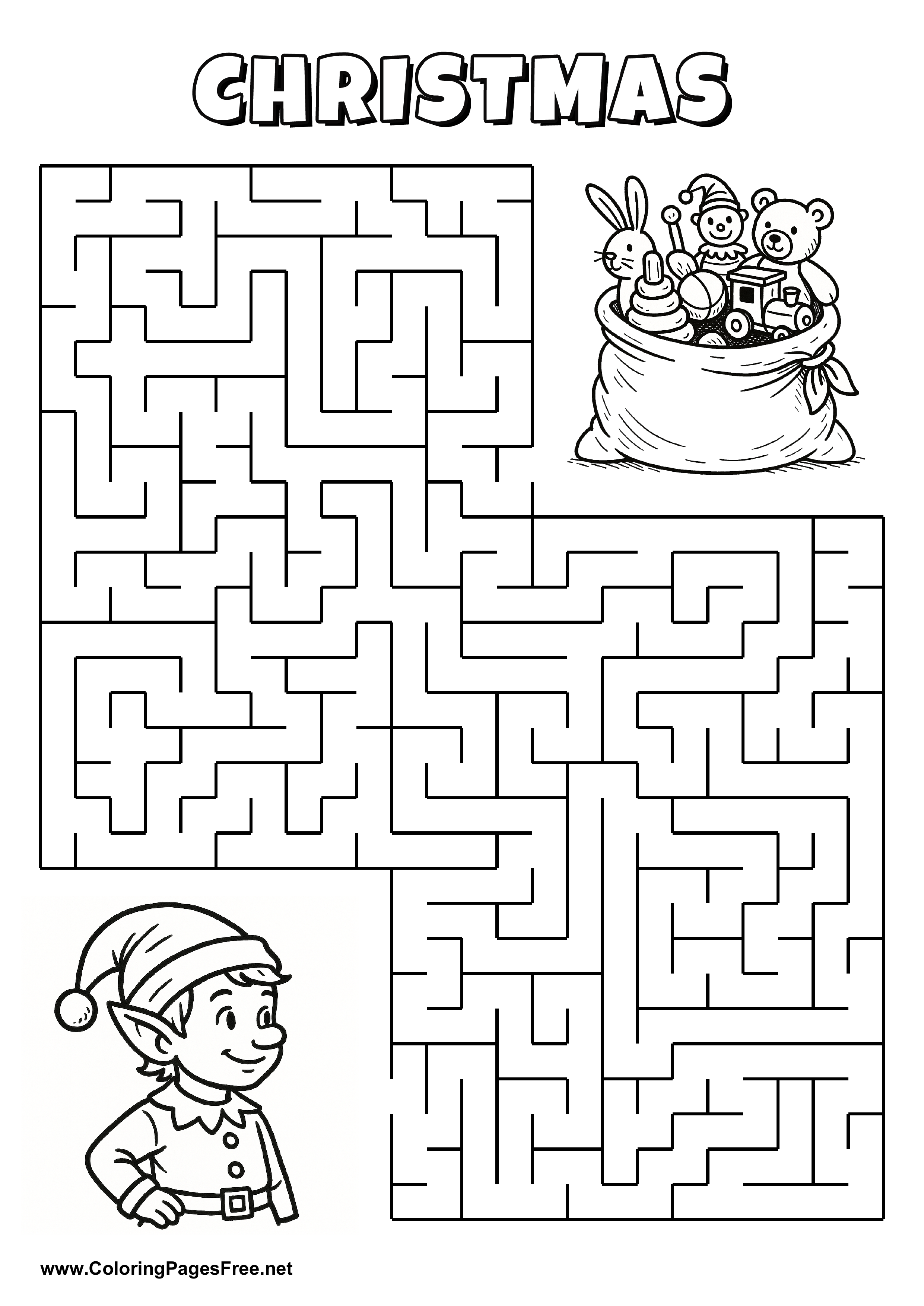 Printable Maze 'The elf with a hat is looking for the way to the sack full of toys'
