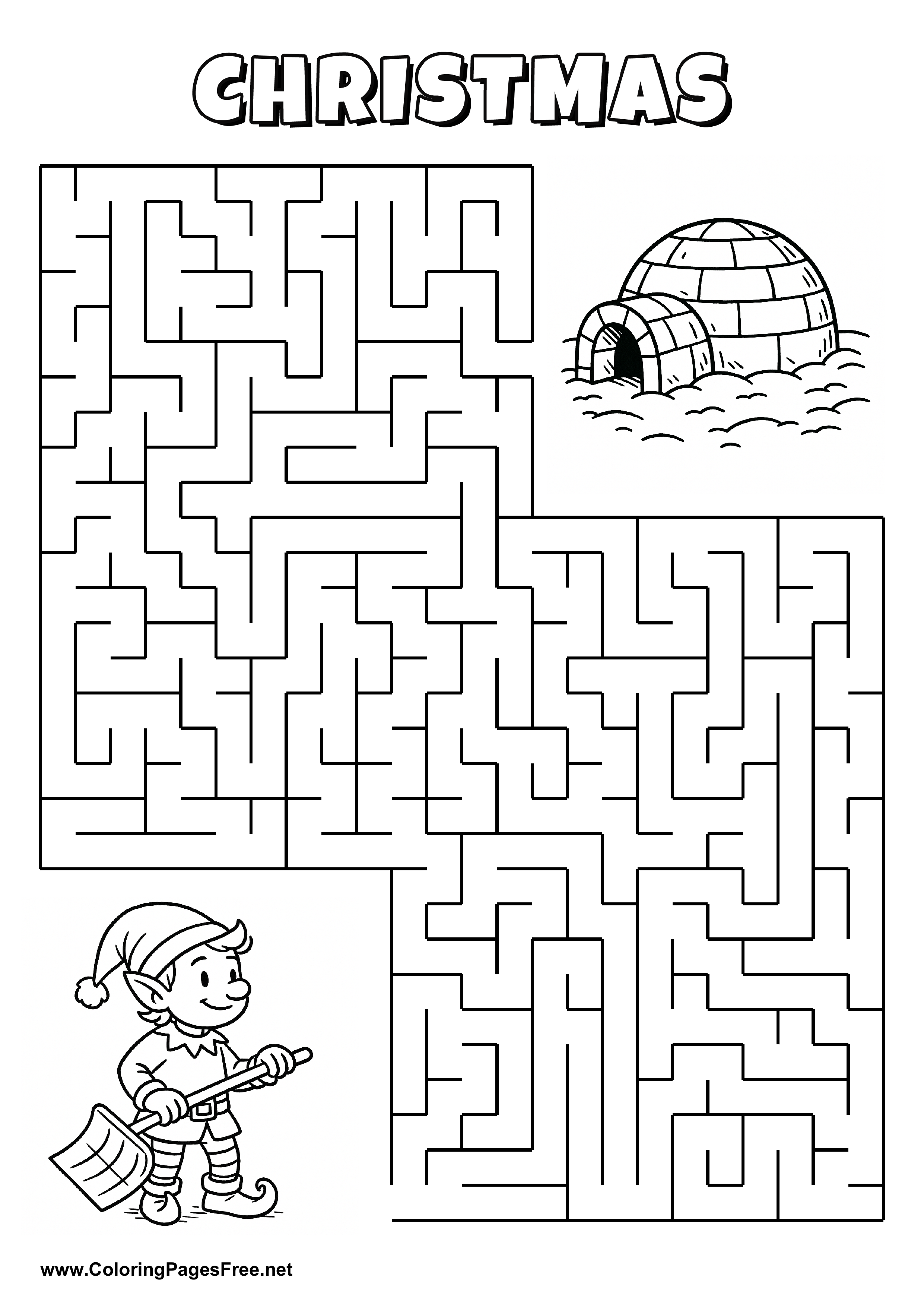 Printable Maze 'The elf with a snow shovel is looking for the way to the igloo in the snow'