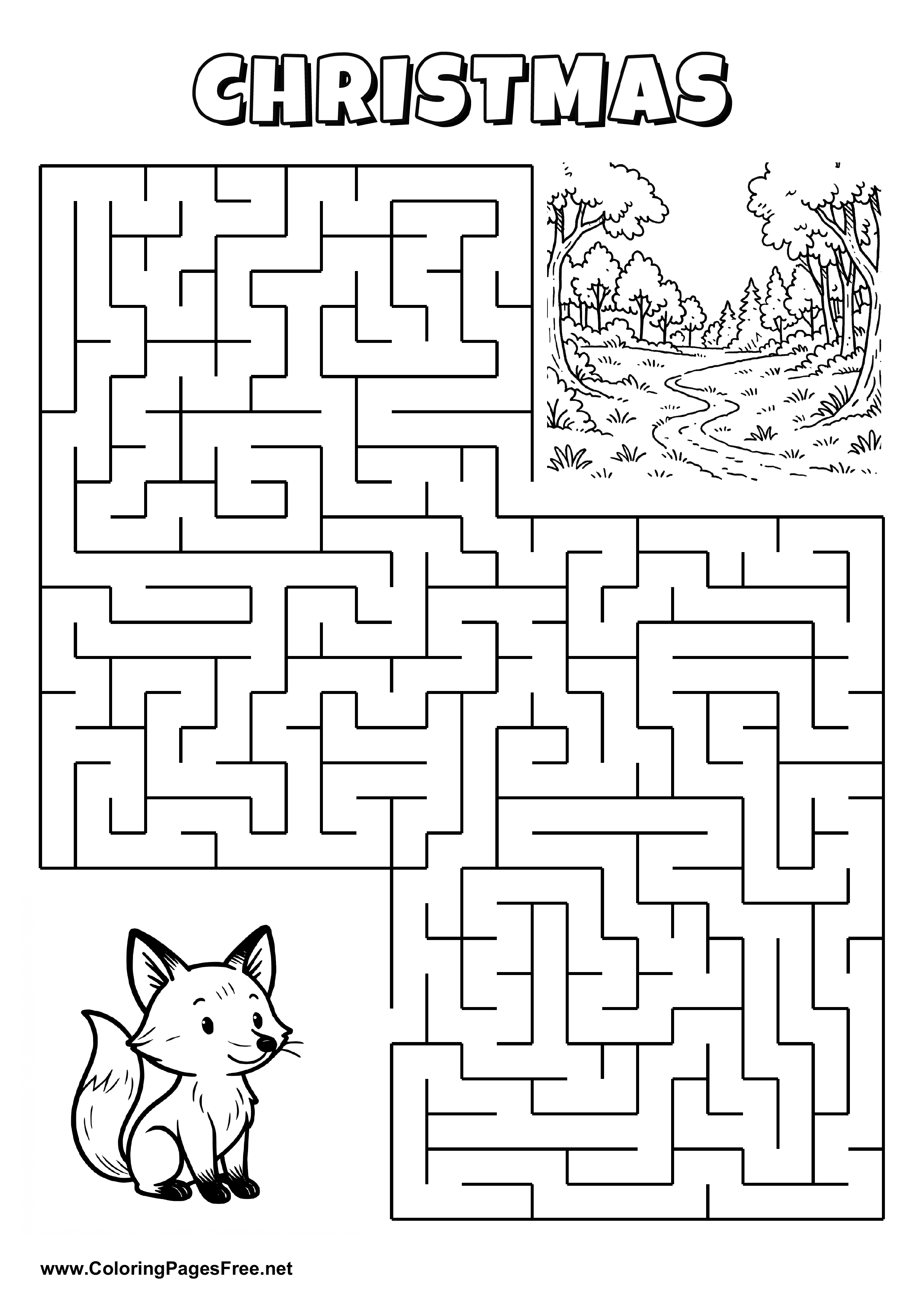Printable Maze 'The fox is looking for the way to the Christmas celebration'