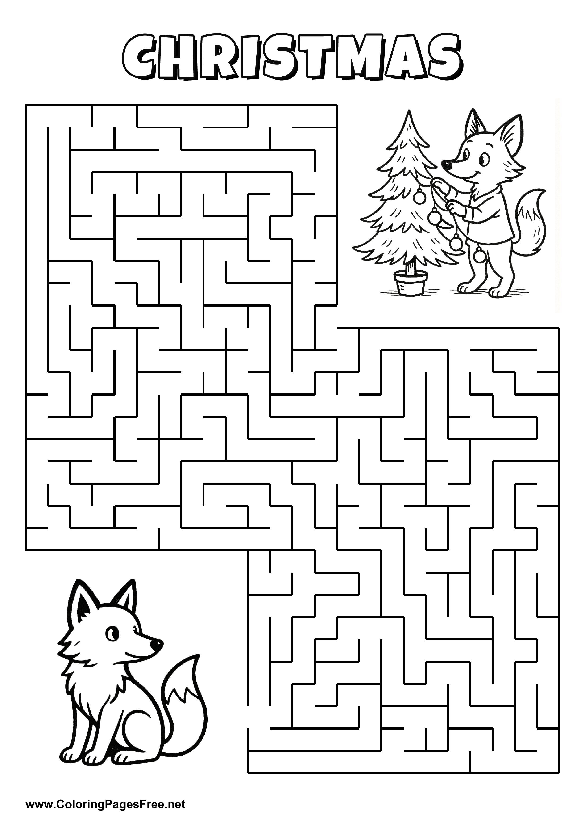 Printable Maze 'The fox with a candy cane is looking for the way to the sweets basket'