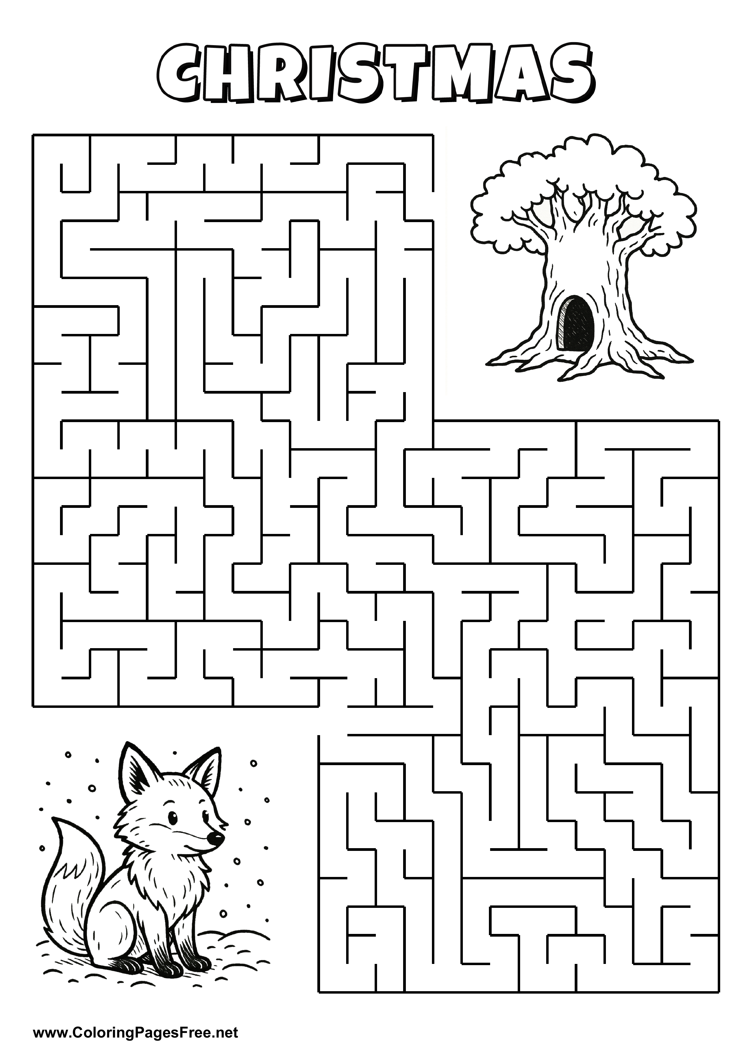 Printable Maze 'The fox with a snowball is looking for the way to the snowman'