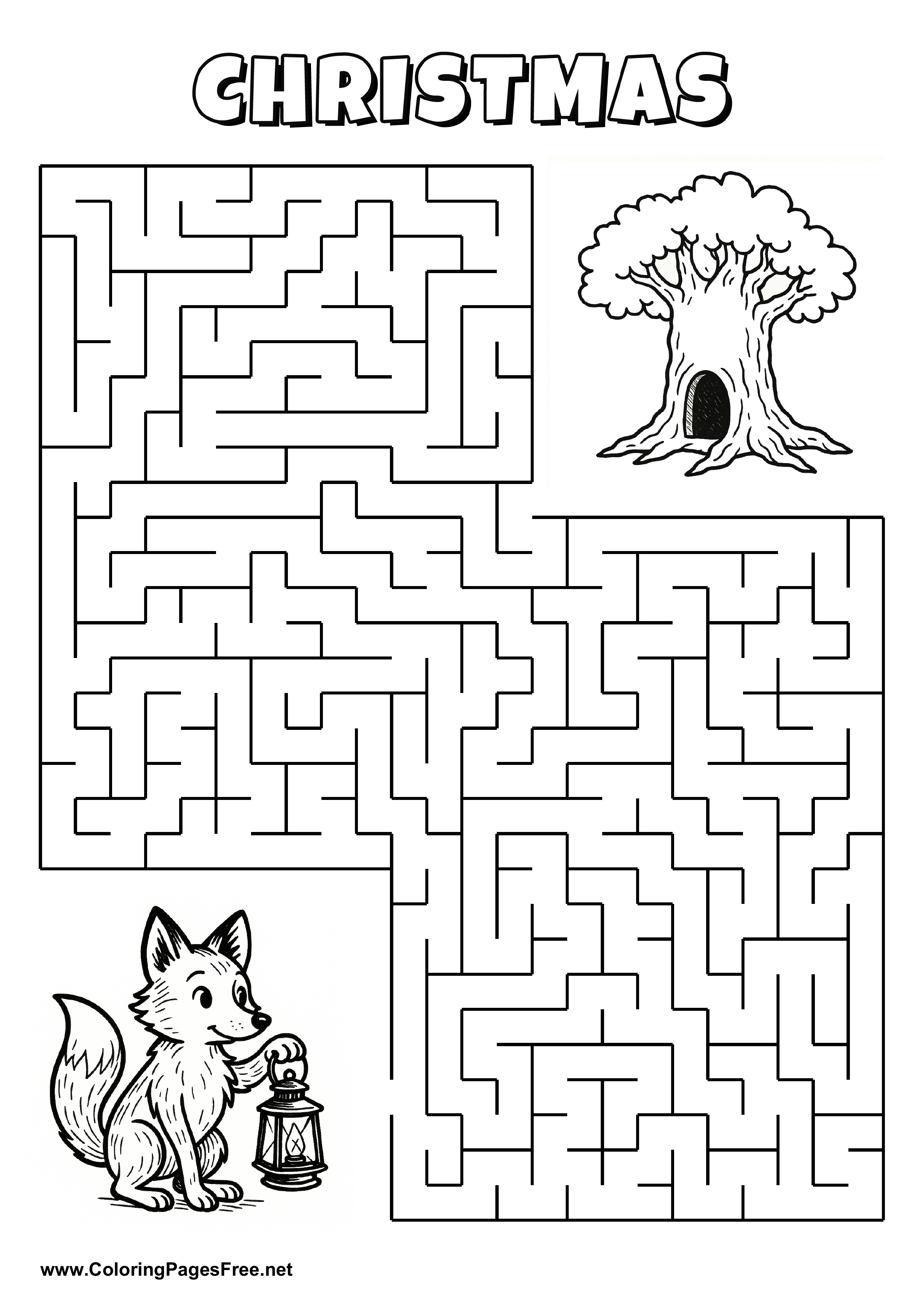 Printable Maze 'The little fox is looking for the way to the snowman'
