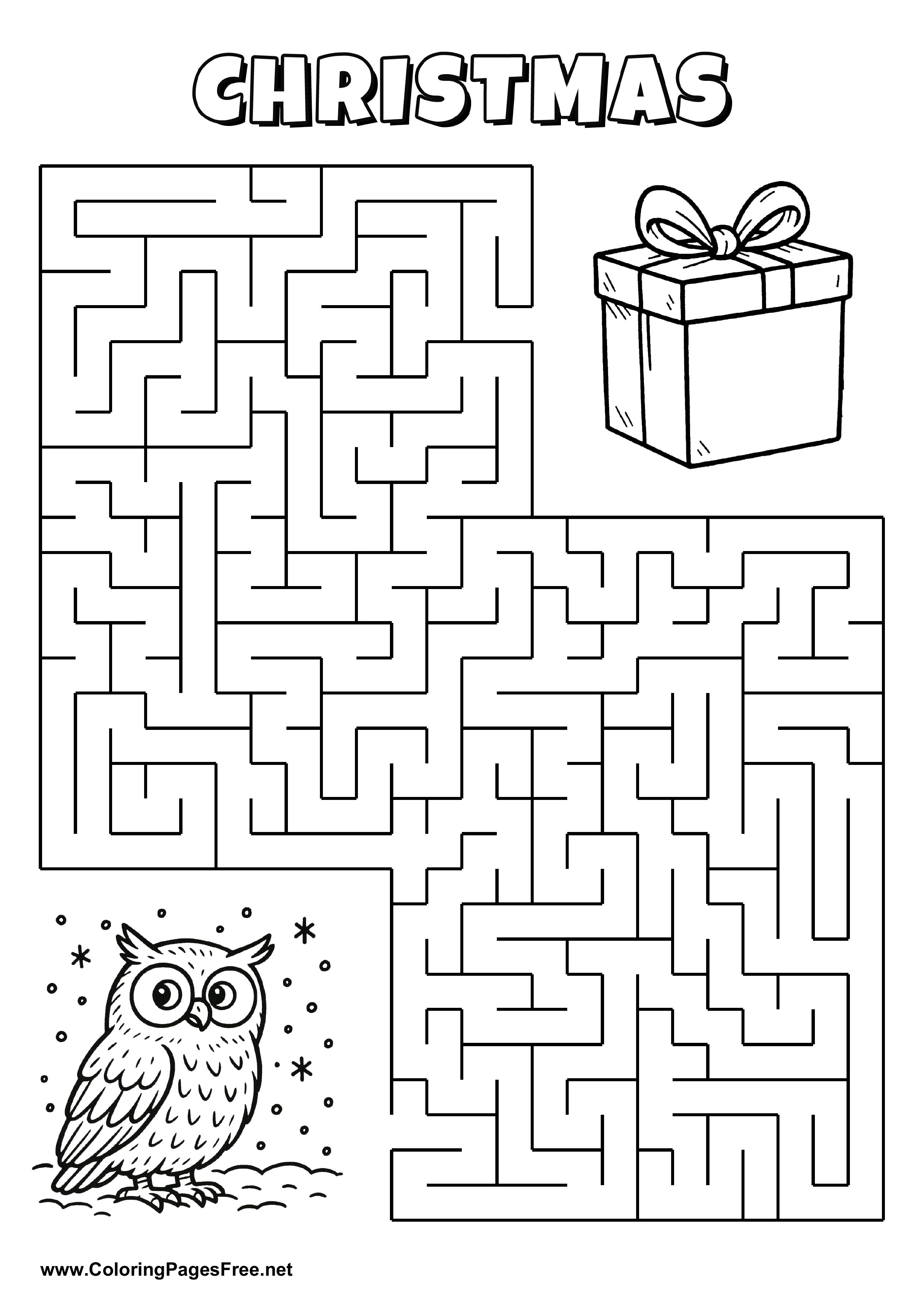 Printable Maze 'The owl in the snow is looking for the way to the present'