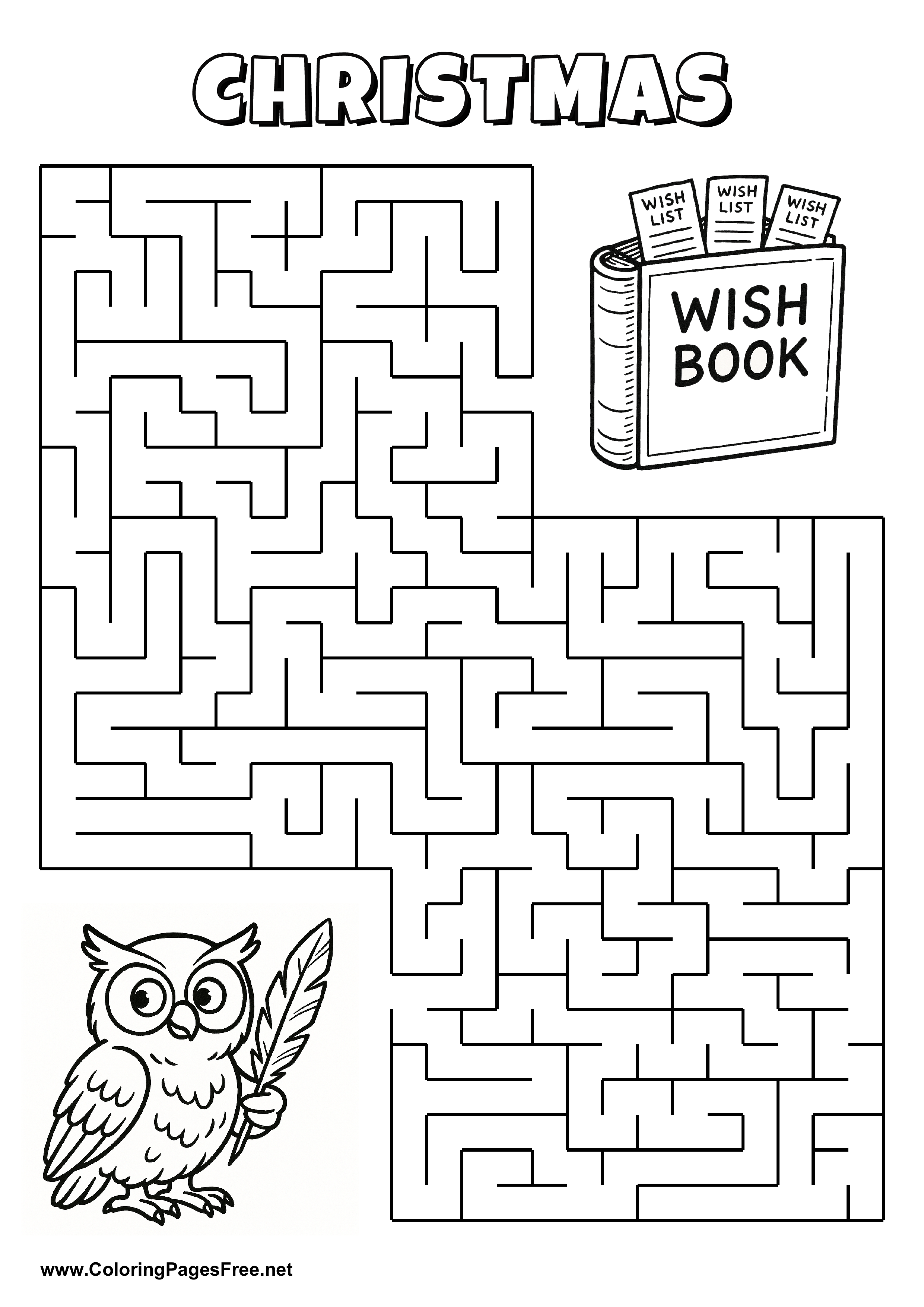 Printable Maze 'The owl is looking for the way to the book with wish lists'