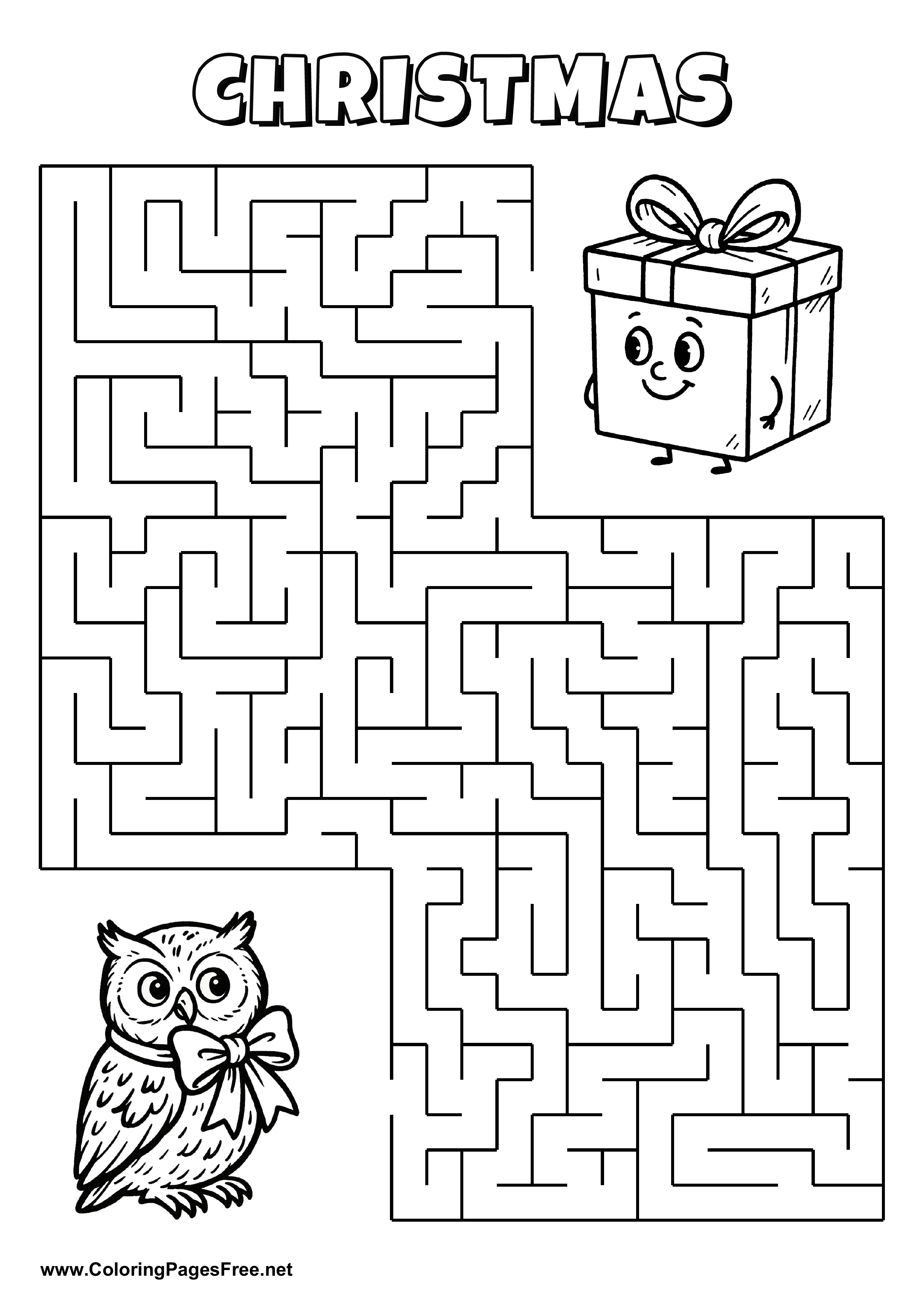 Printable Maze 'The owl is looking for the way to the gift box'