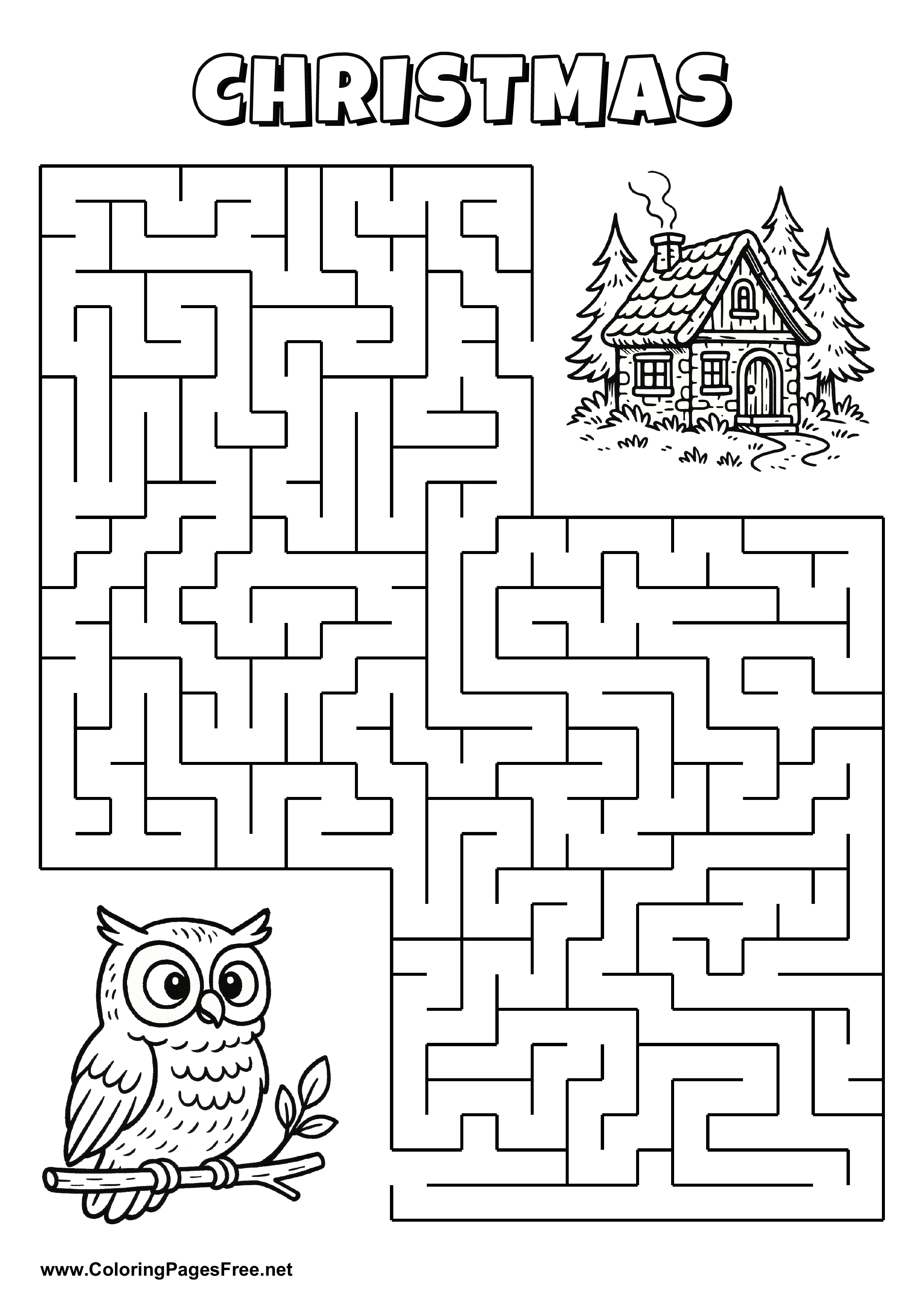 Printable Maze 'The owl on a branch is looking for the way to the forest house'