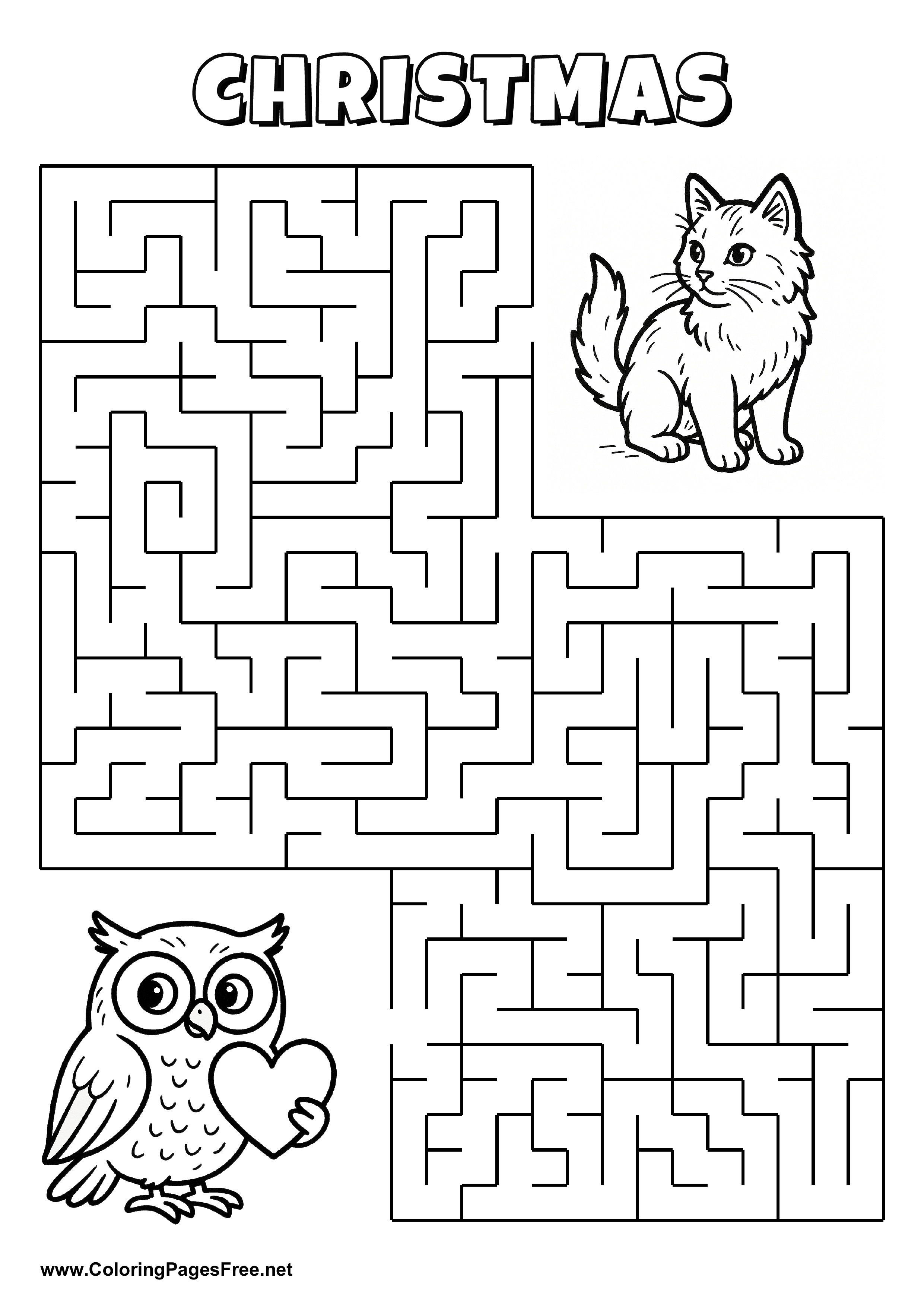 Printable Maze 'The owl with a heart is looking for the way to the cat'