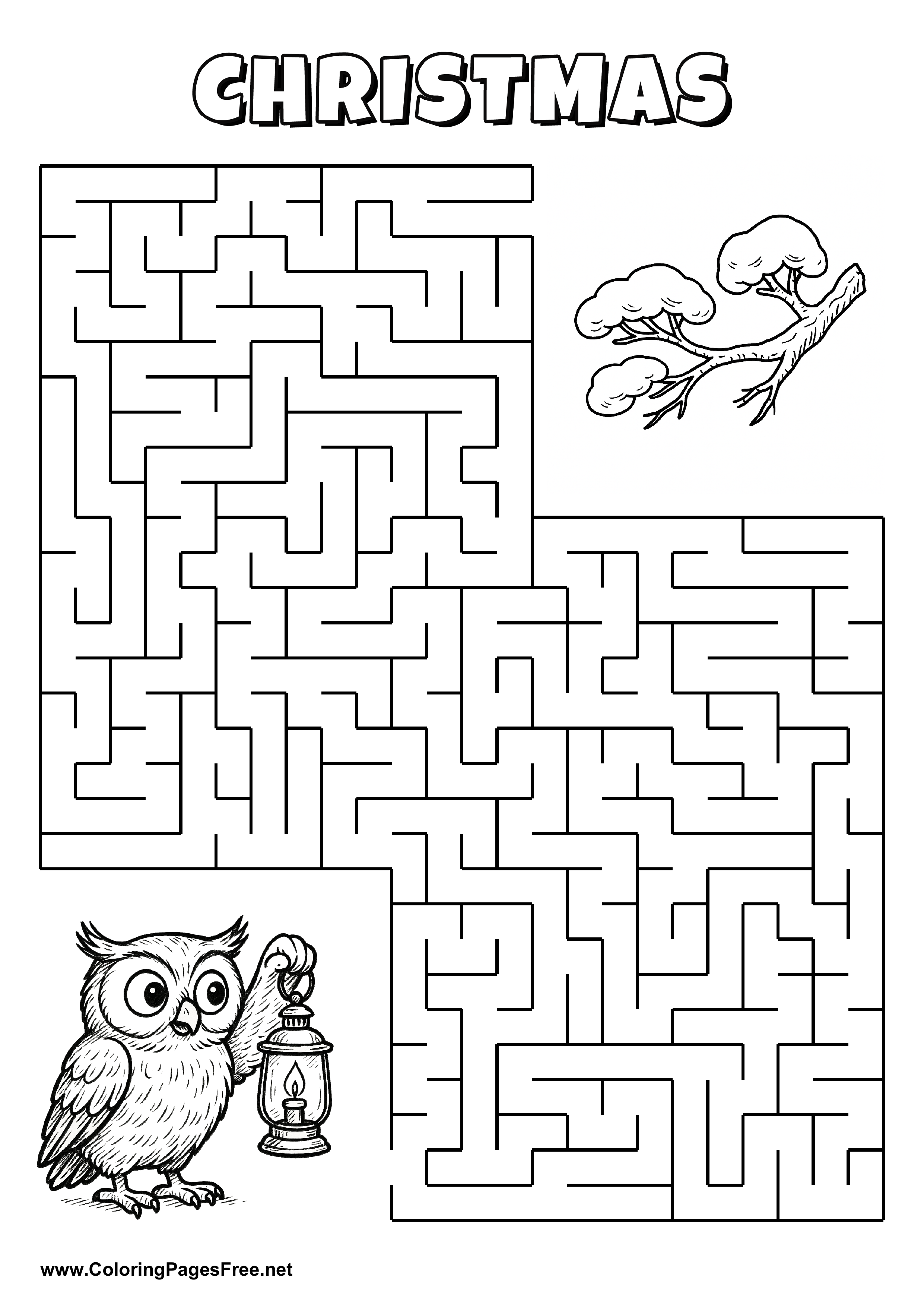 Printable Maze 'The owl with a lamp is looking for the way to the branch'