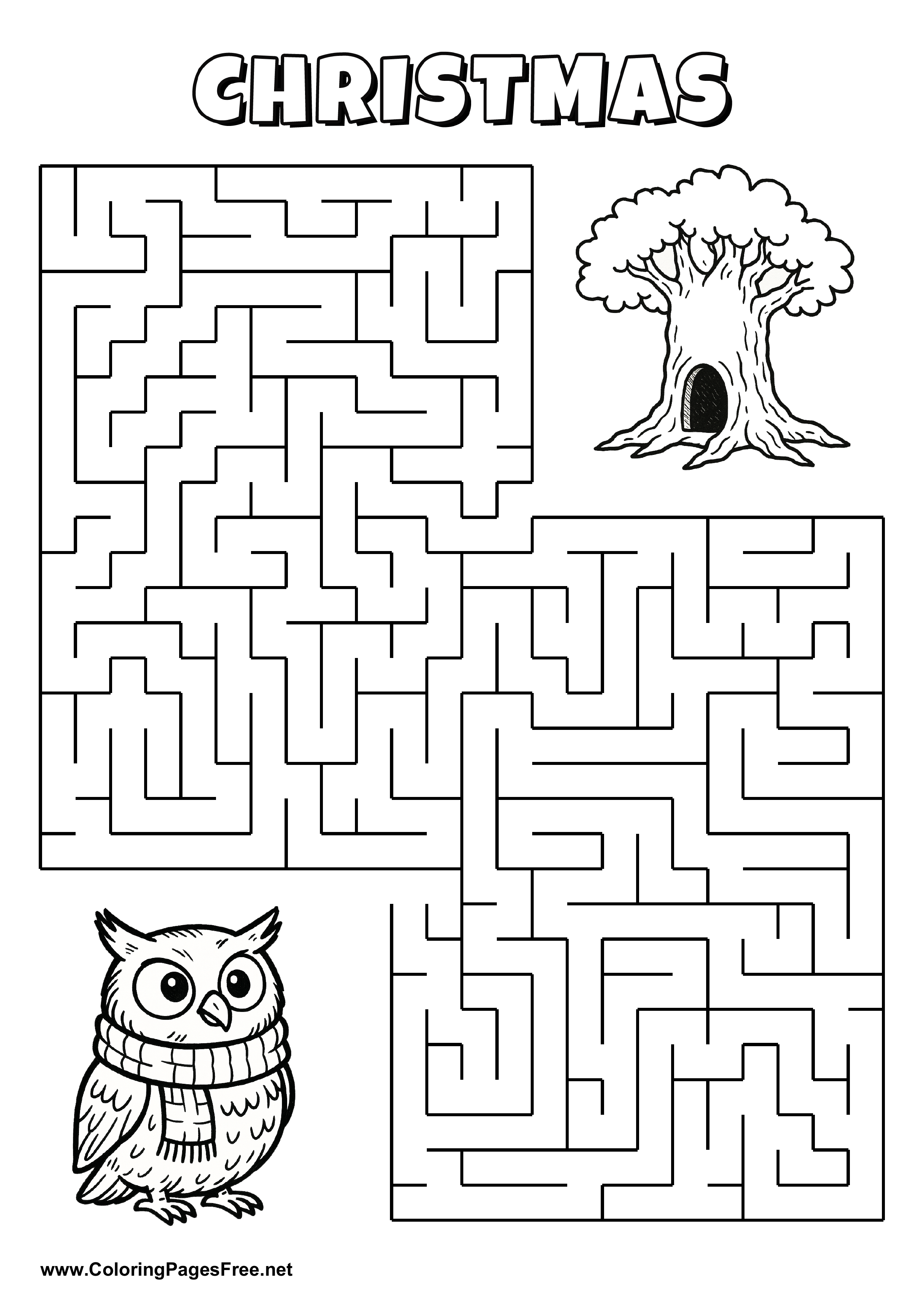 Printable Maze 'The owl with a scarf is looking for the way to the hollow tree'