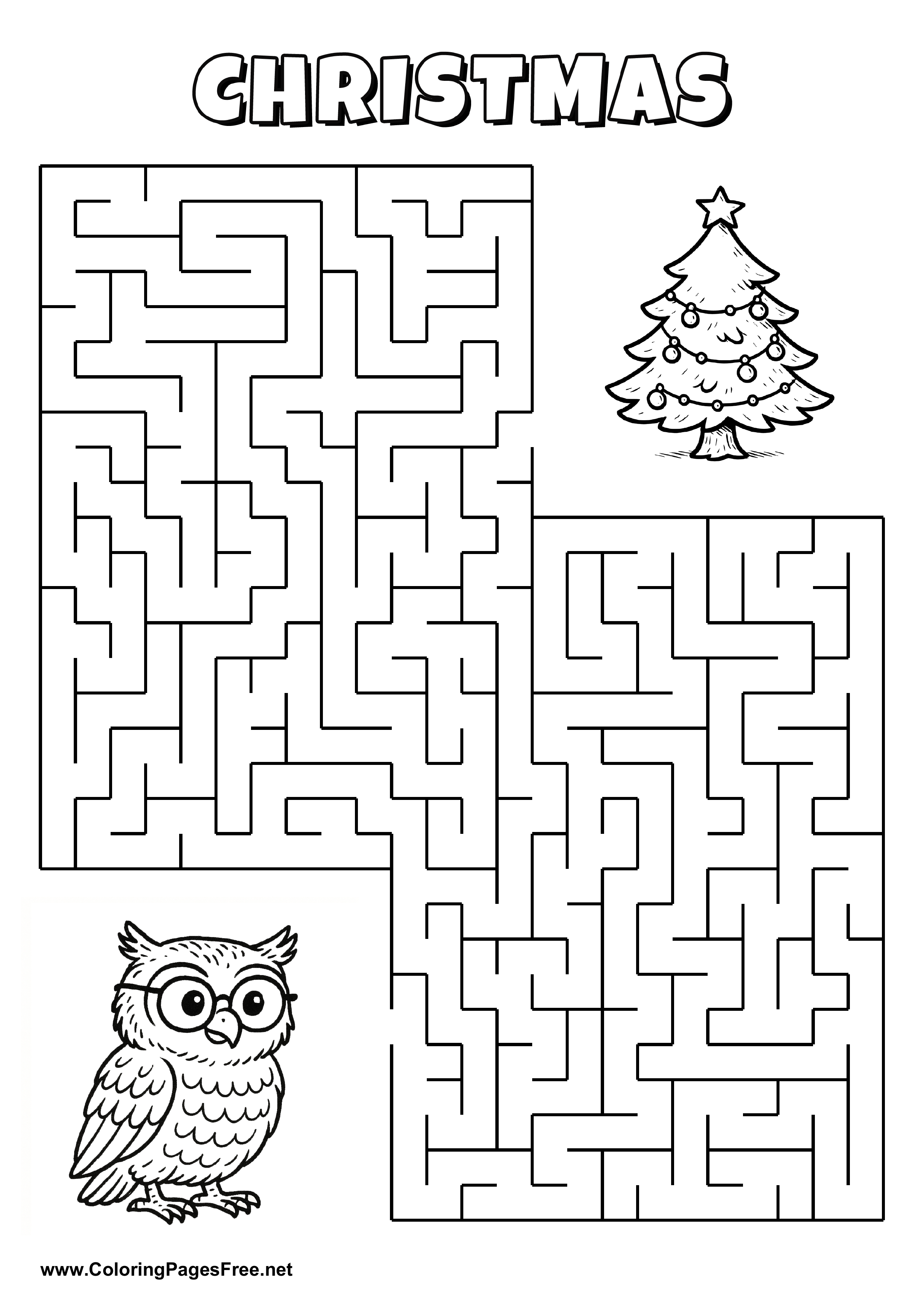 Printable Maze 'The owl with glasses is looking for the way to the Christmas tree'