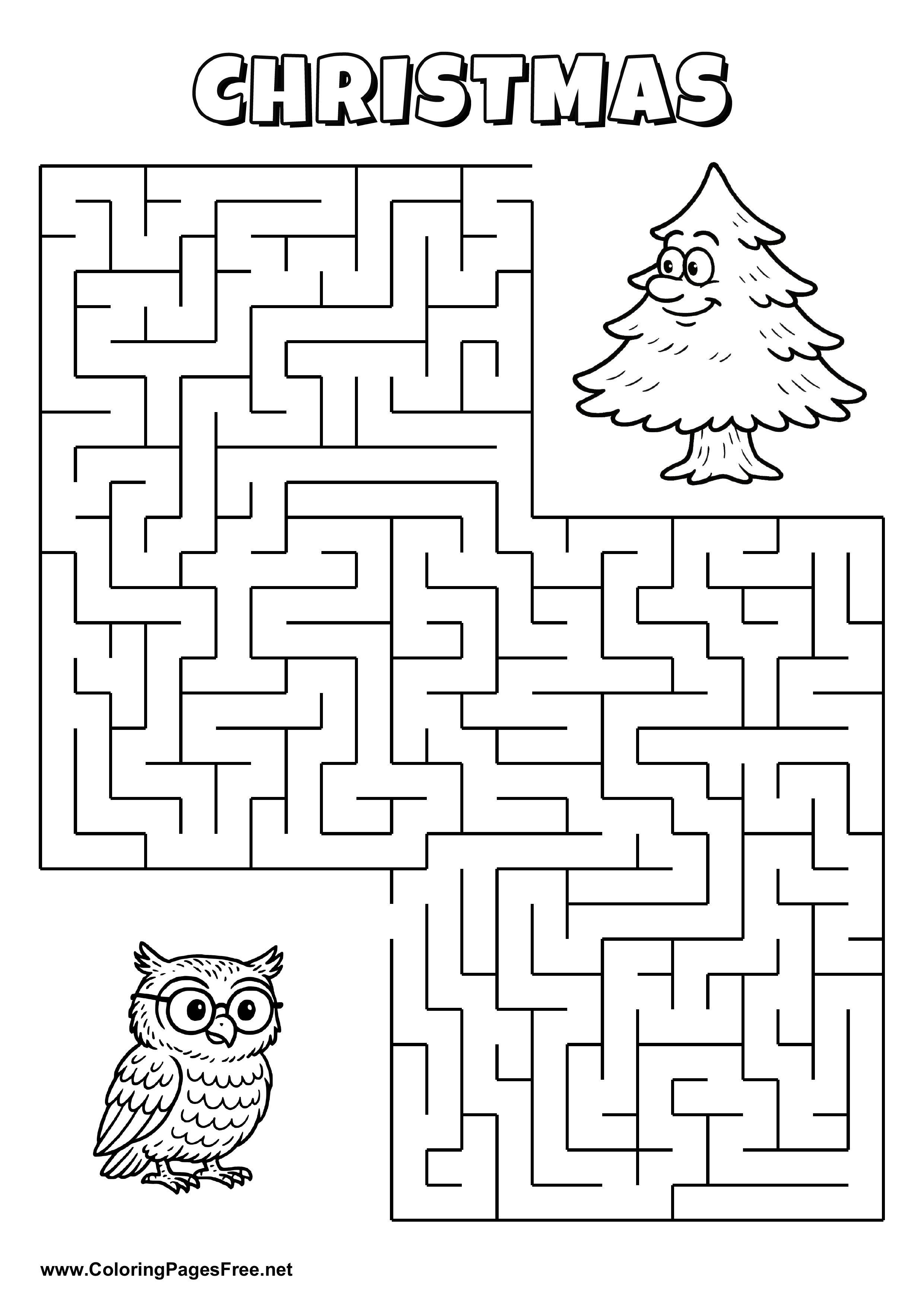 Printable Maze 'The owl with glasses is looking for the way to the fir tree'