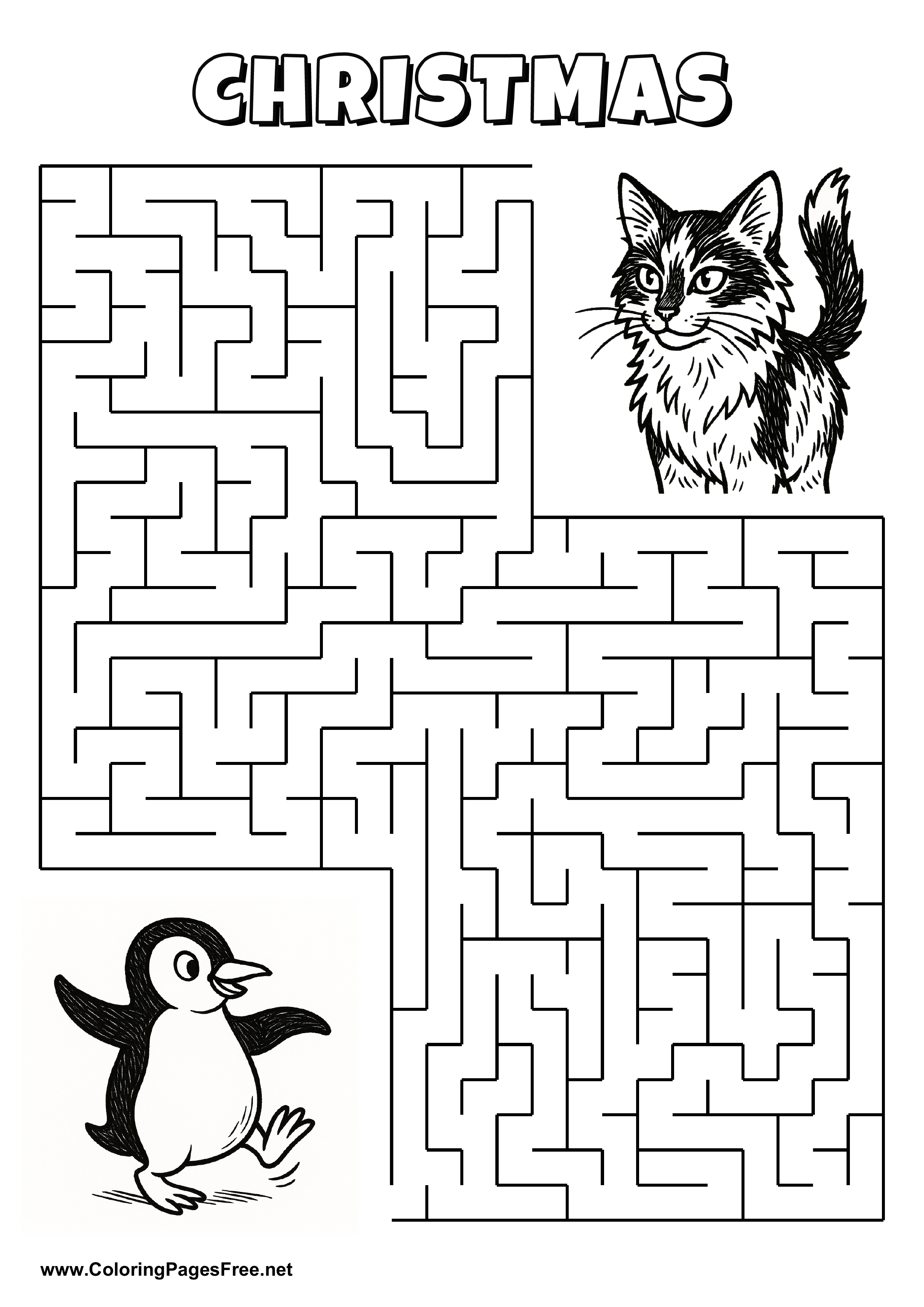 Printable Maze 'The penguin dancing is looking for the way to the cat'
