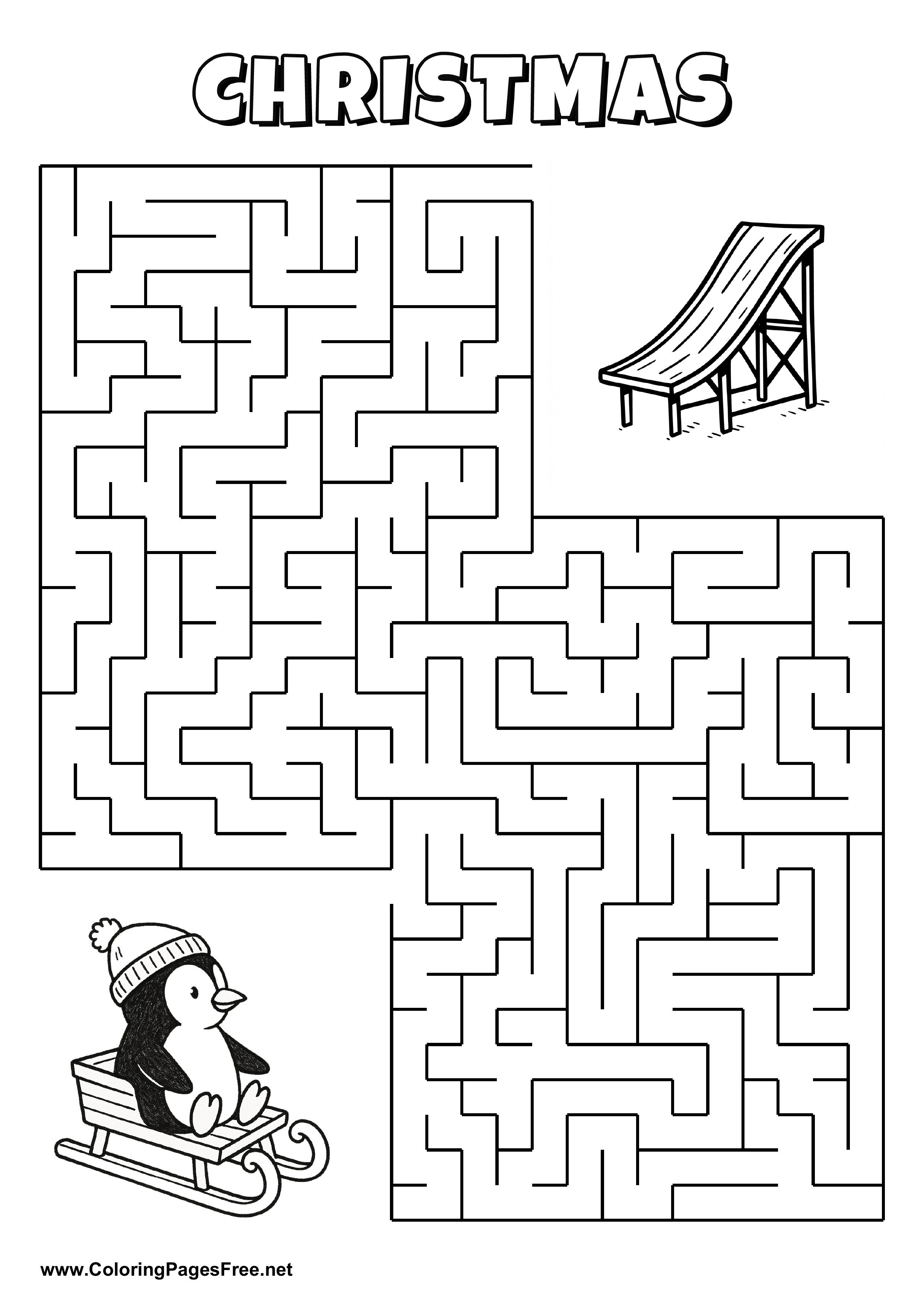 Printable Maze 'The penguin in the sleigh is looking for the way to the slide'