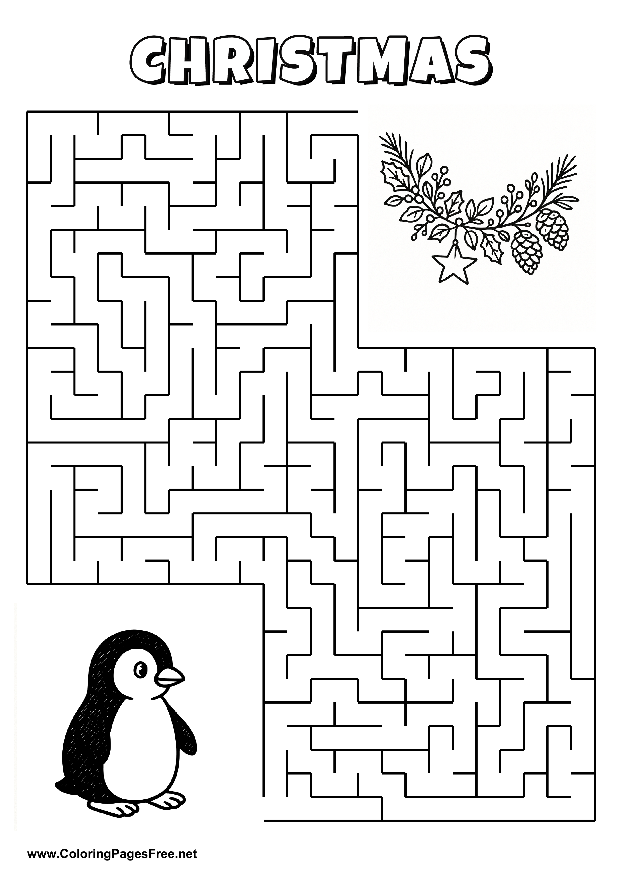 Printable Maze 'The penguin is looking for the way to the Christmas garland'