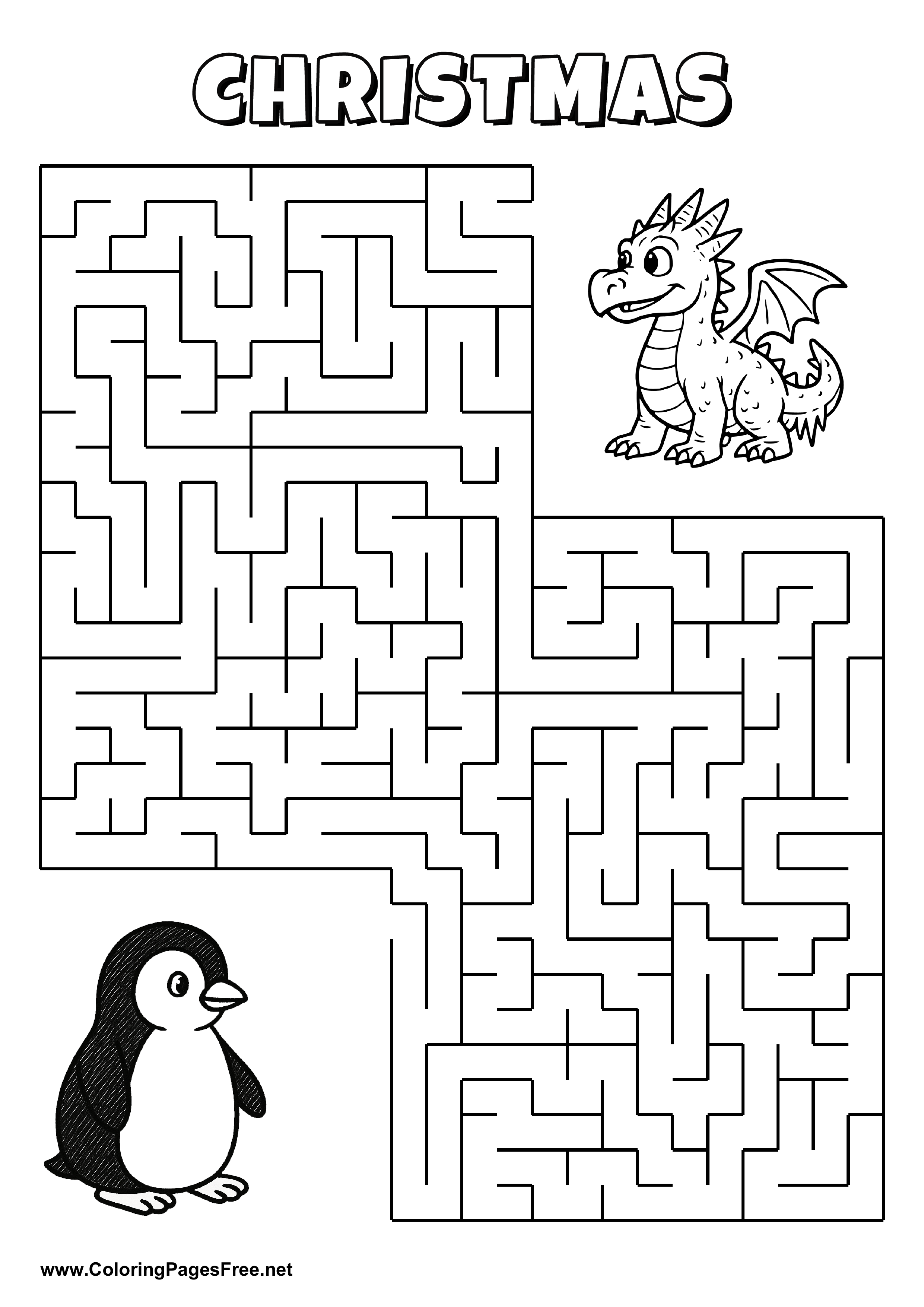Printable Maze 'The penguin is looking for the way to the little dragon'