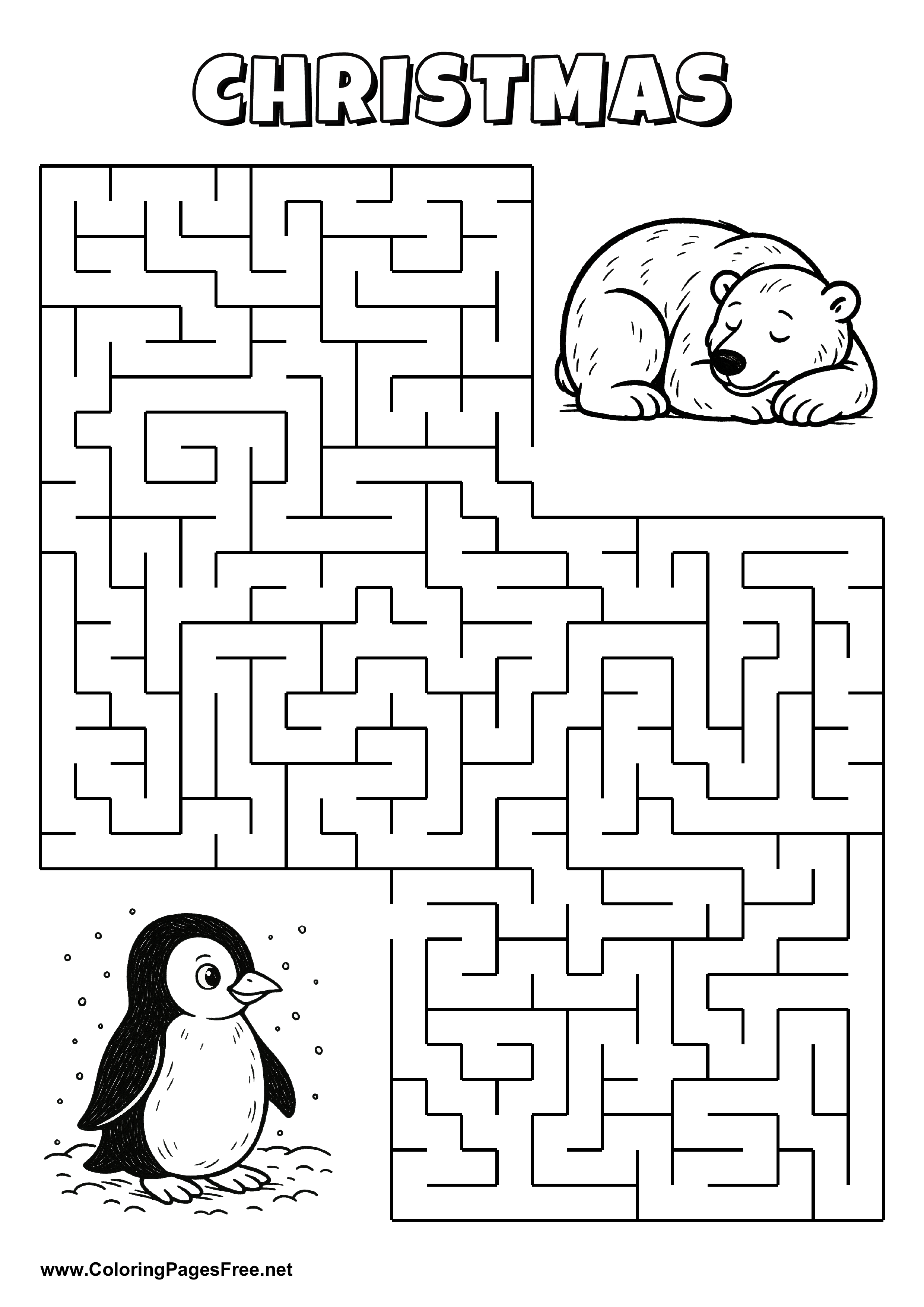 Printable Maze 'The penguin is looking for the way to the sleeping polar bear'