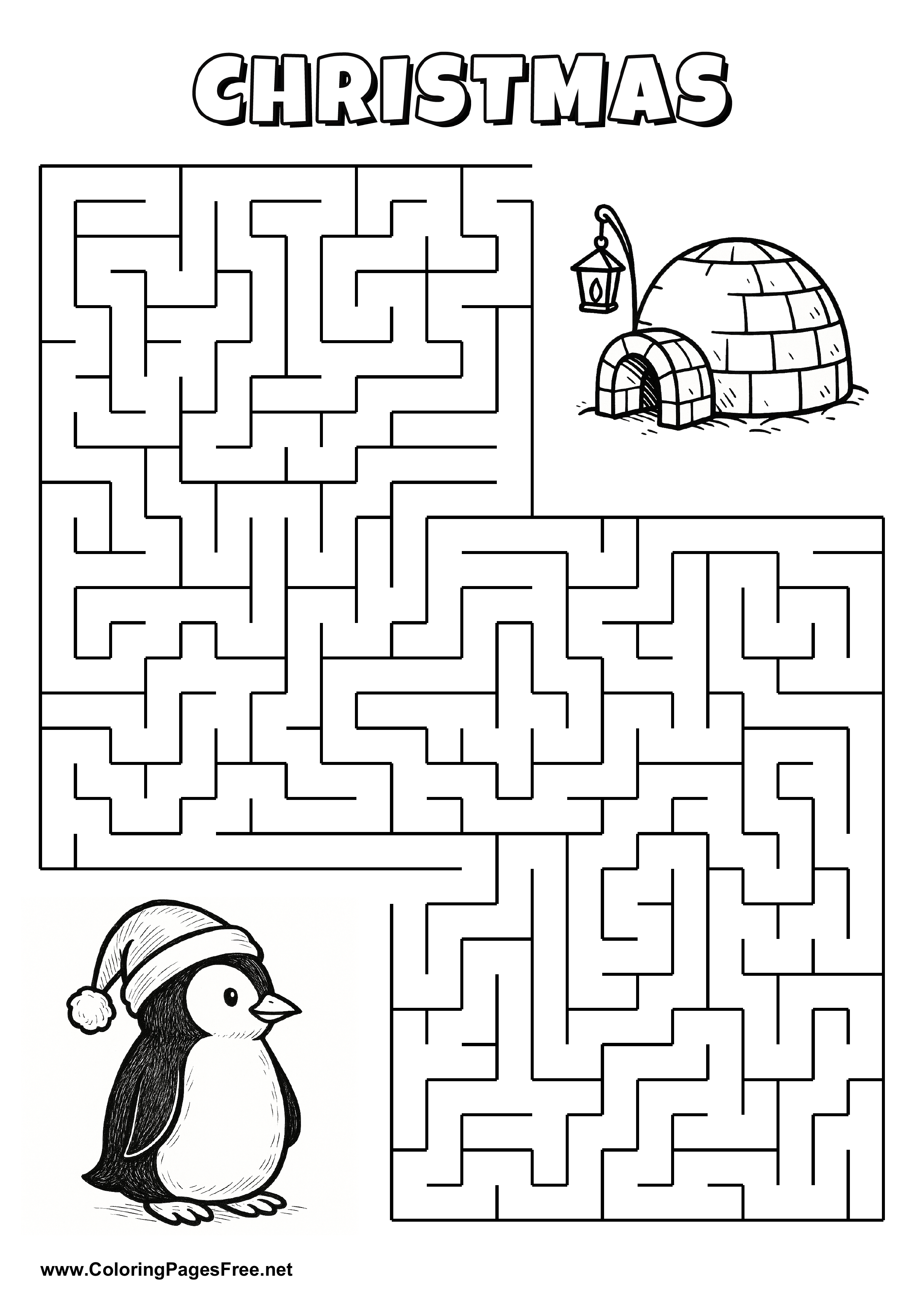 Printable Maze 'The penguin with a Christmas hat is looking for the way to the igloo'