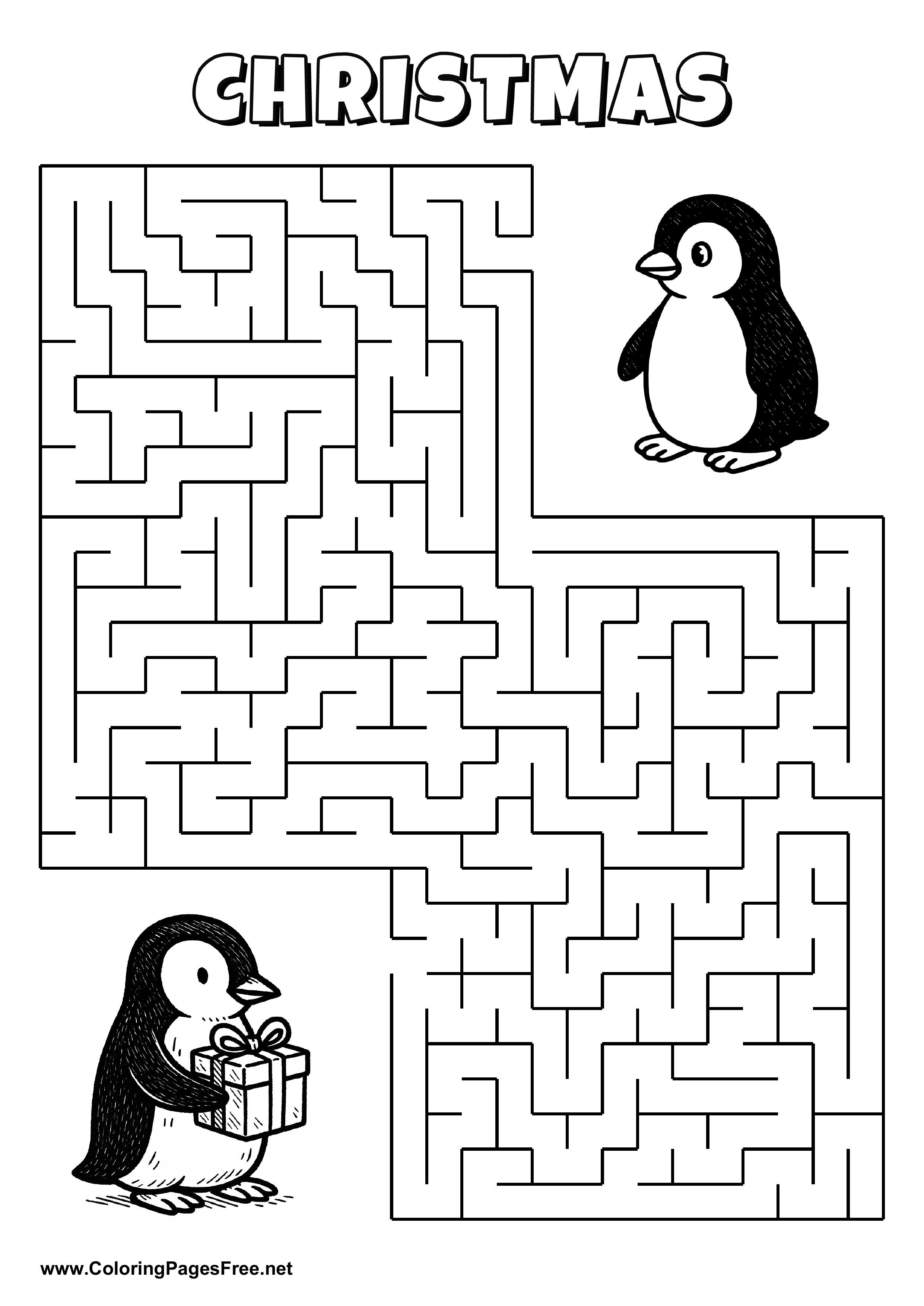 Printable Maze 'The penguin with a gift is looking for the way to the other penguin'