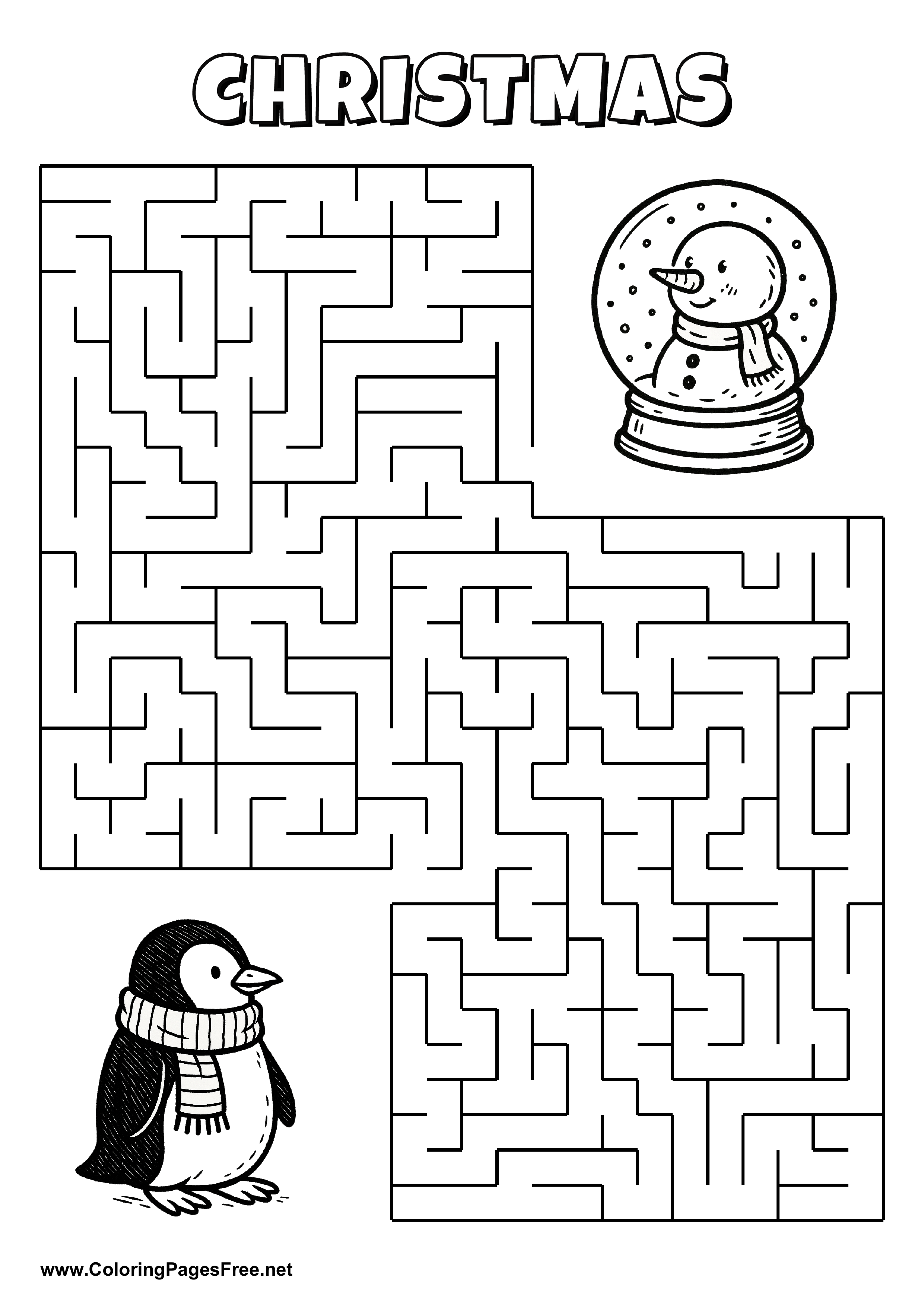 Printable Maze 'The penguin with a scarf is looking for the way to the snow globe'