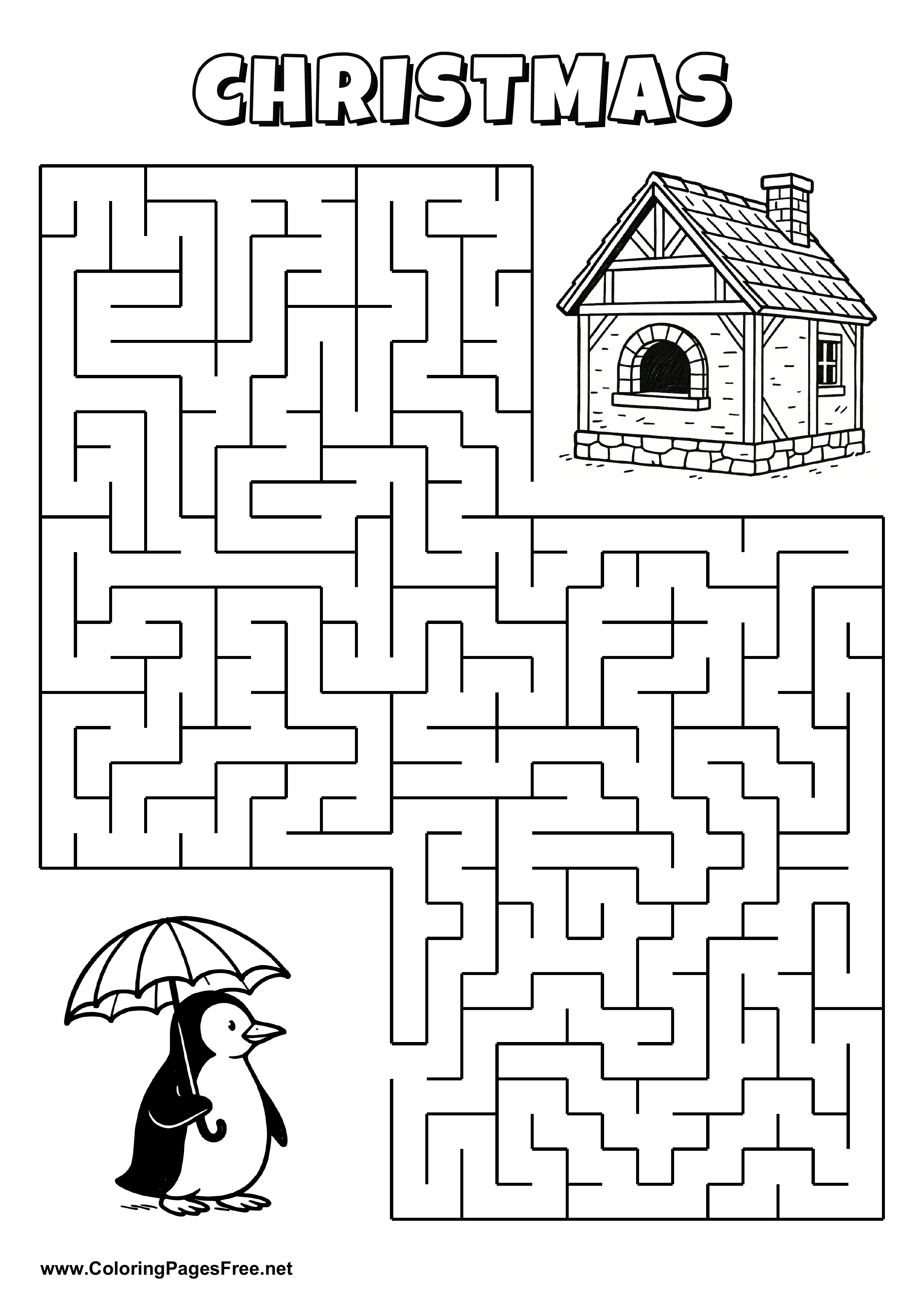 Printable Maze 'The penguin with an umbrella is looking for the way to the house'