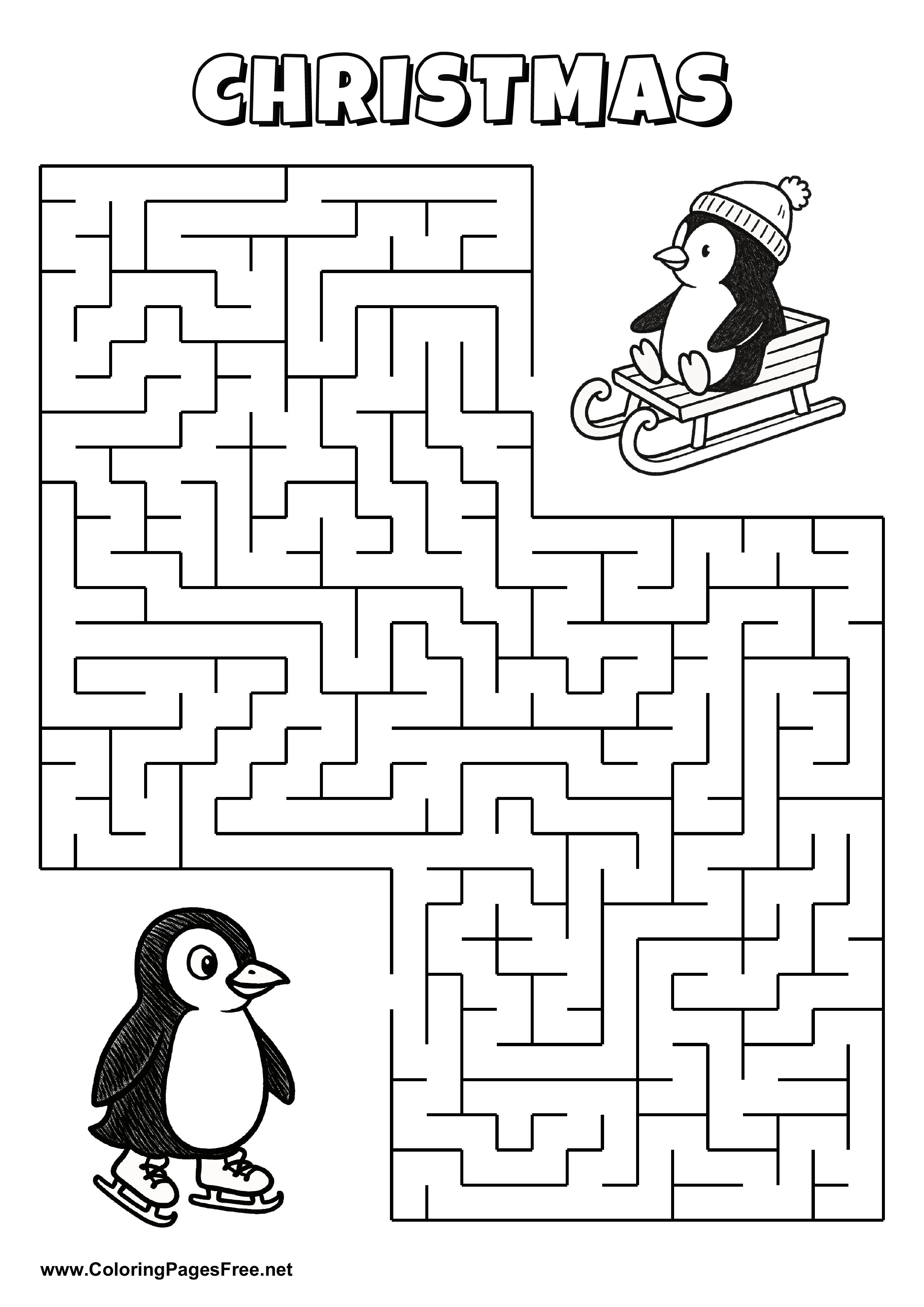 Printable Maze 'The penguin with ice skates is looking for the way to his child'