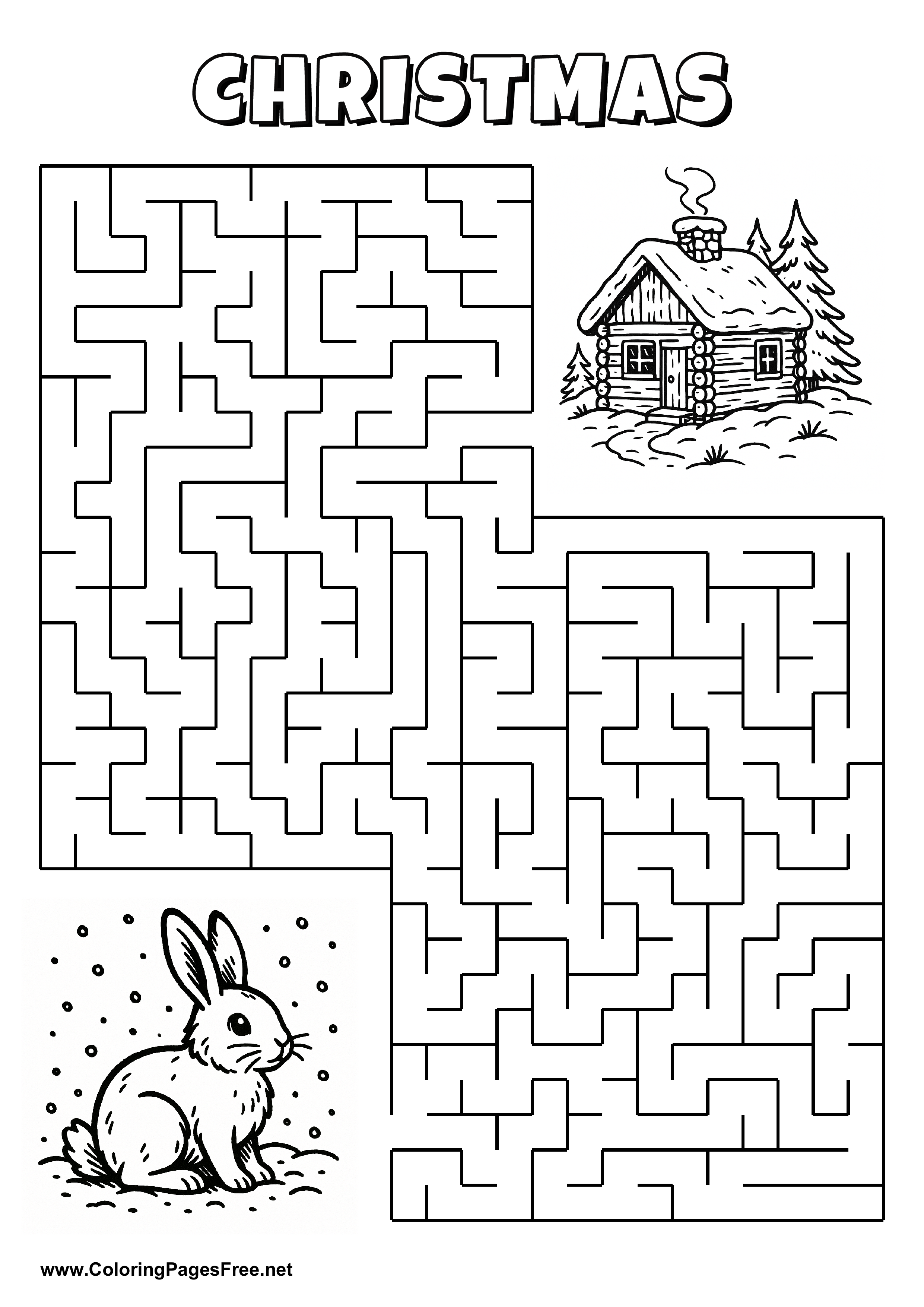 Printable Maze 'The rabbit in the snow is looking for the way to the winter hut'