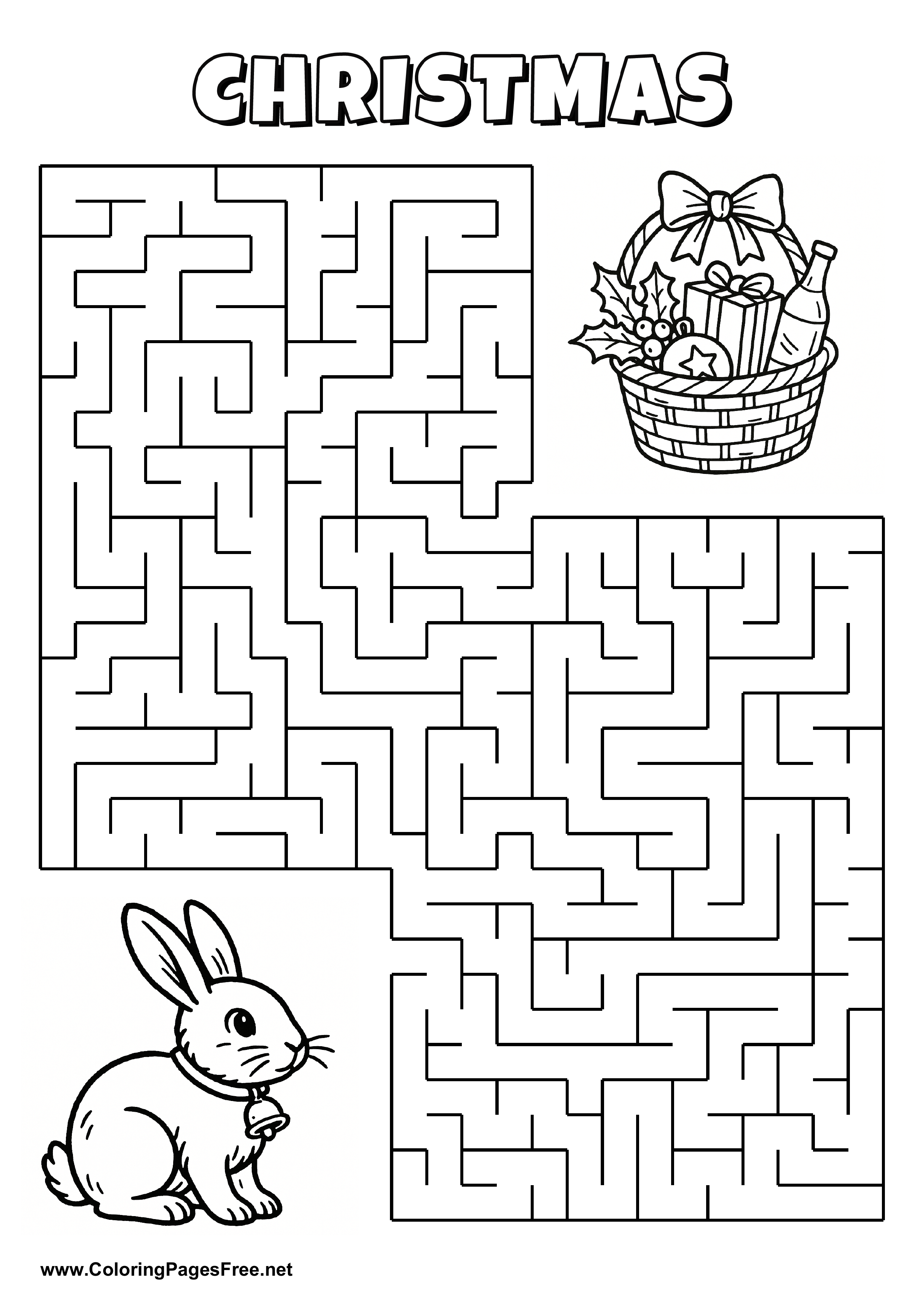 Printable Maze 'The rabbit with a bell is looking for the way to the Christmas basket'