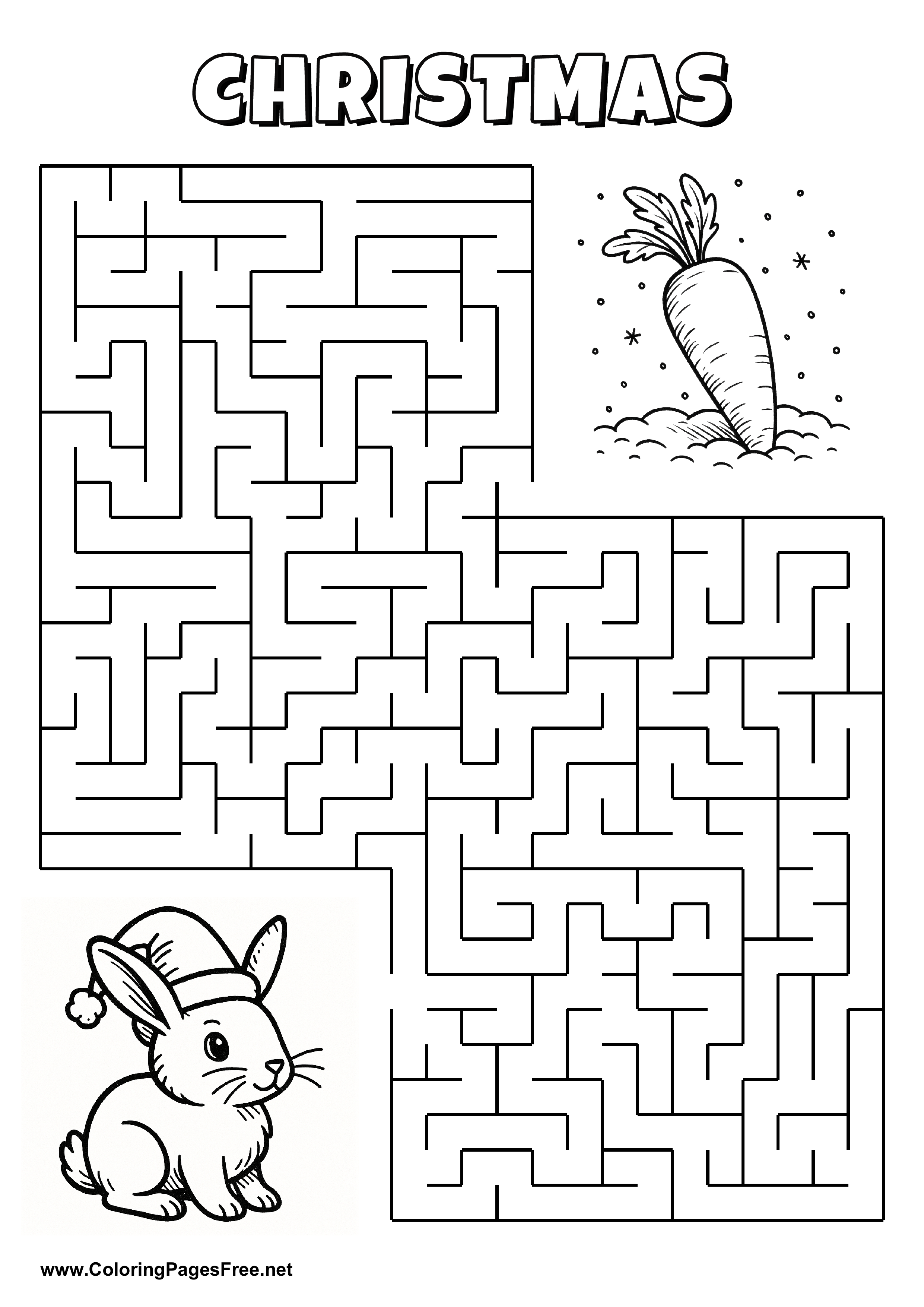 Printable Maze 'The rabbit with a Christmas hat is looking for the way to the carrot'