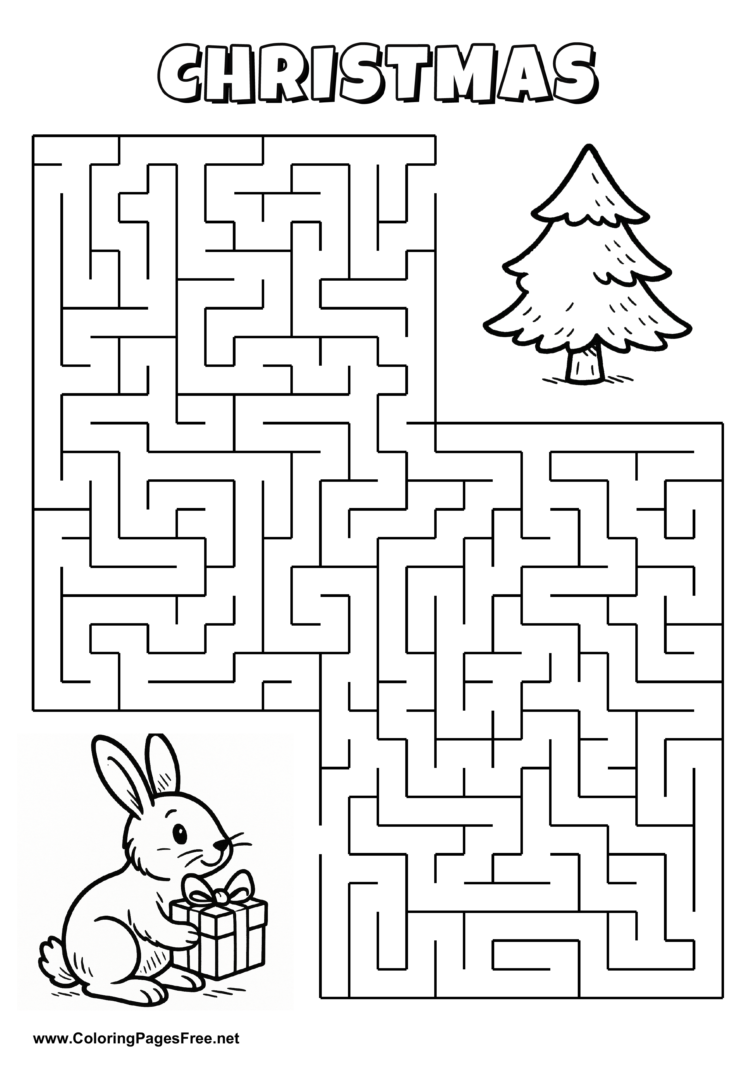 Printable Maze 'The rabbit with a gift is looking for the way to the Christmas tree'