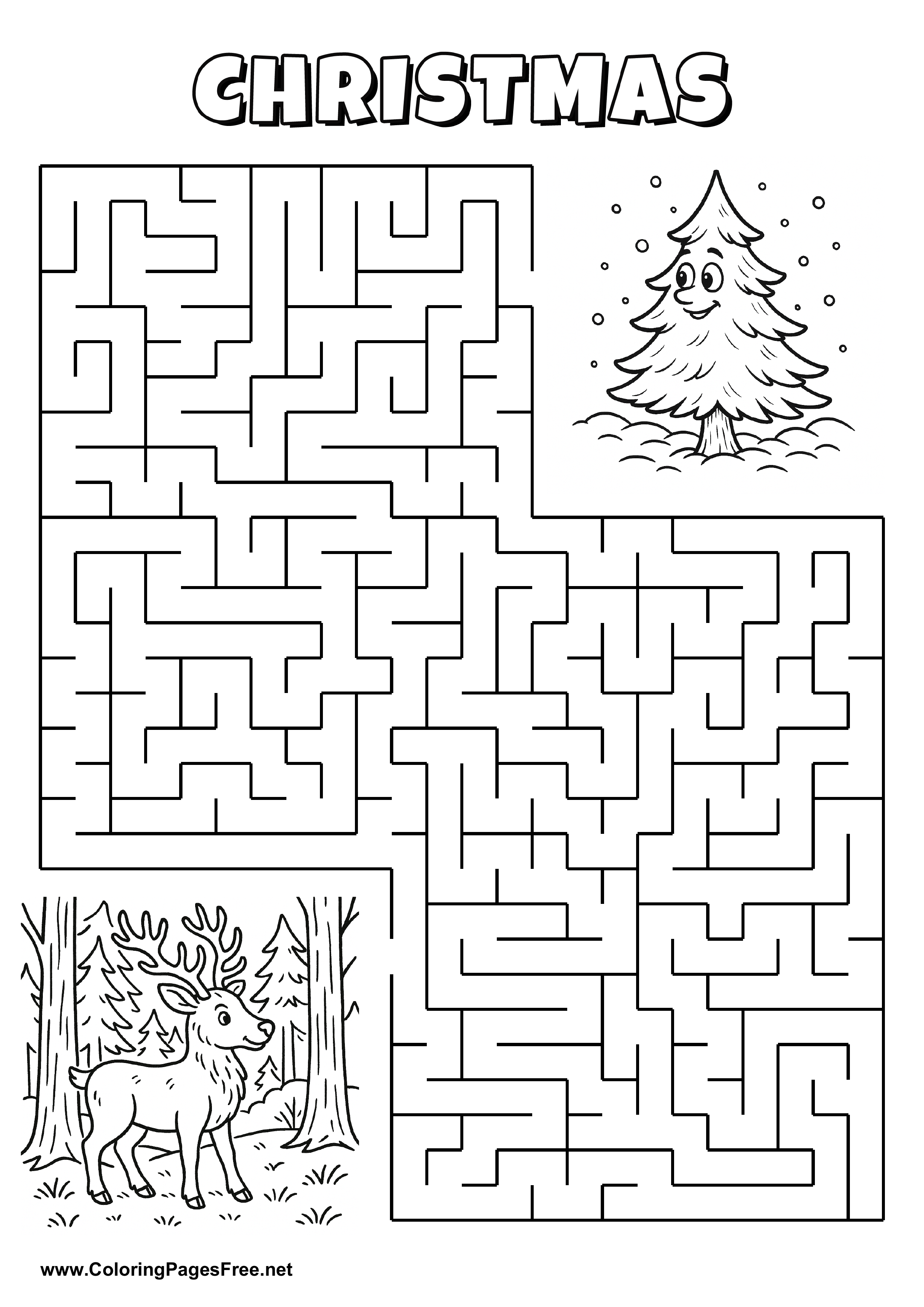 Printable Maze 'The reindeer in the forest is looking for the way to the fir tree'