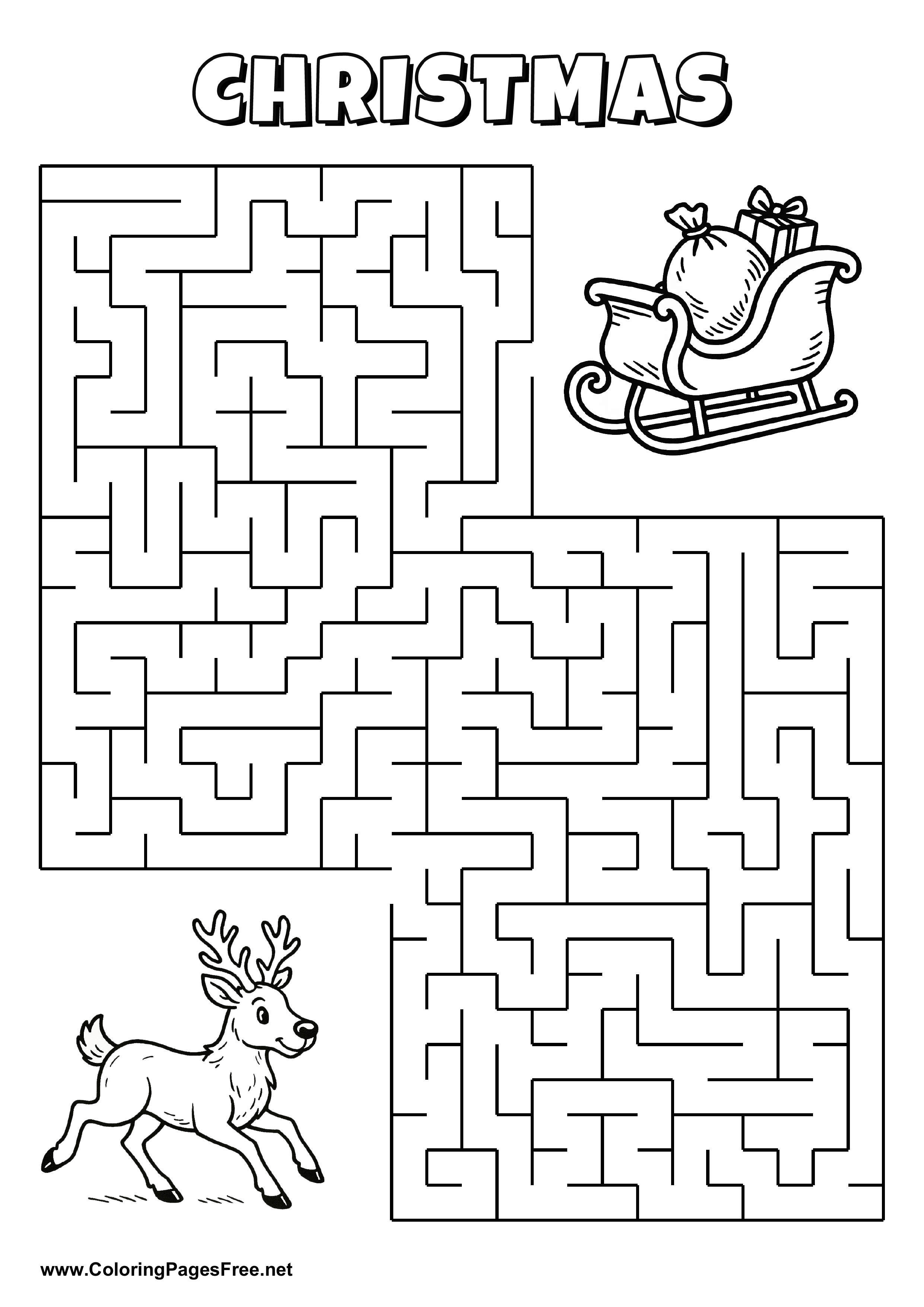 Printable Maze 'The reindeer is looking for the way to Santa’s sleigh'