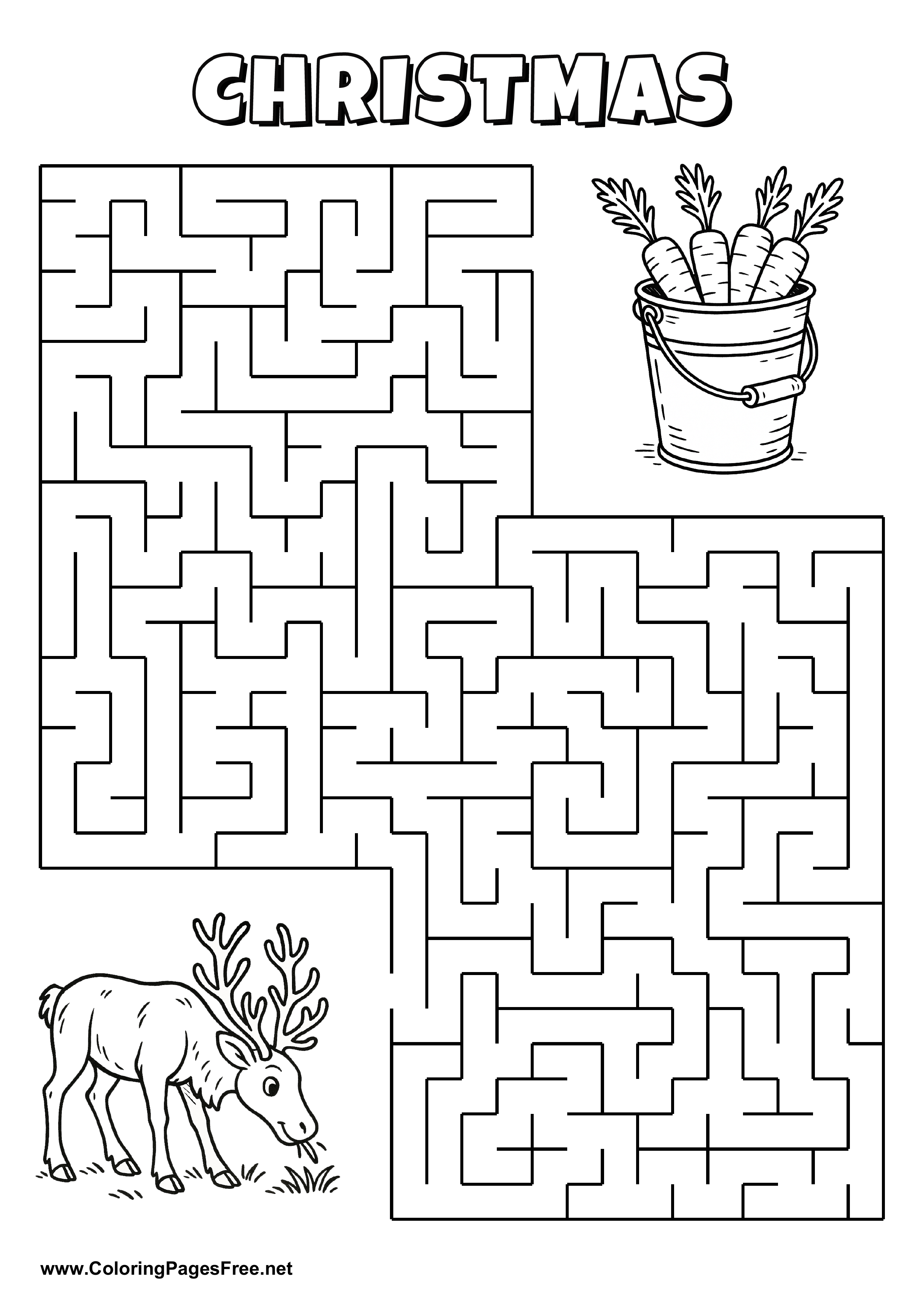 Printable Maze 'The reindeer is looking for the way to the bucket of carrots'