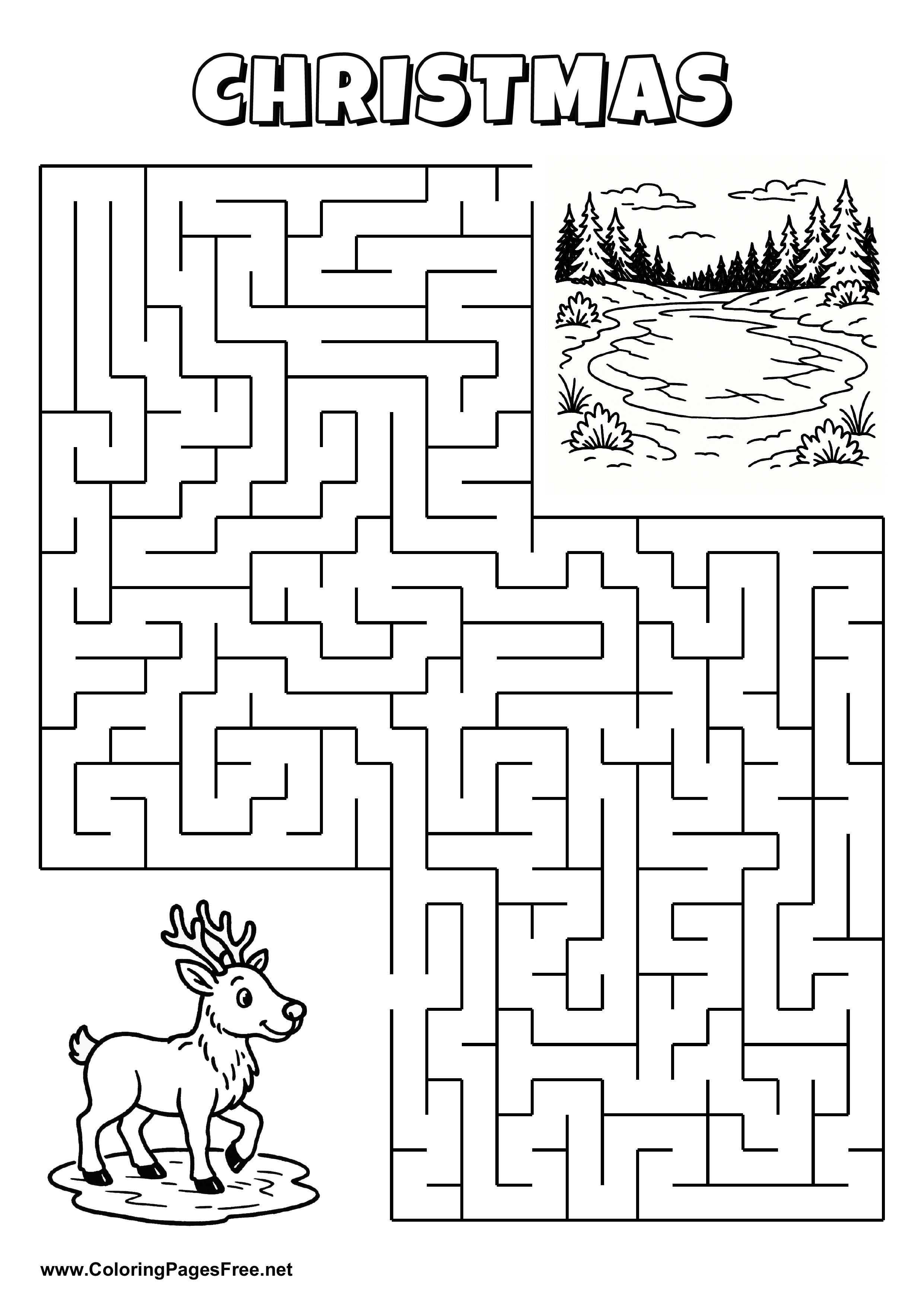 Printable Maze 'The reindeer is looking for the way to the lake'