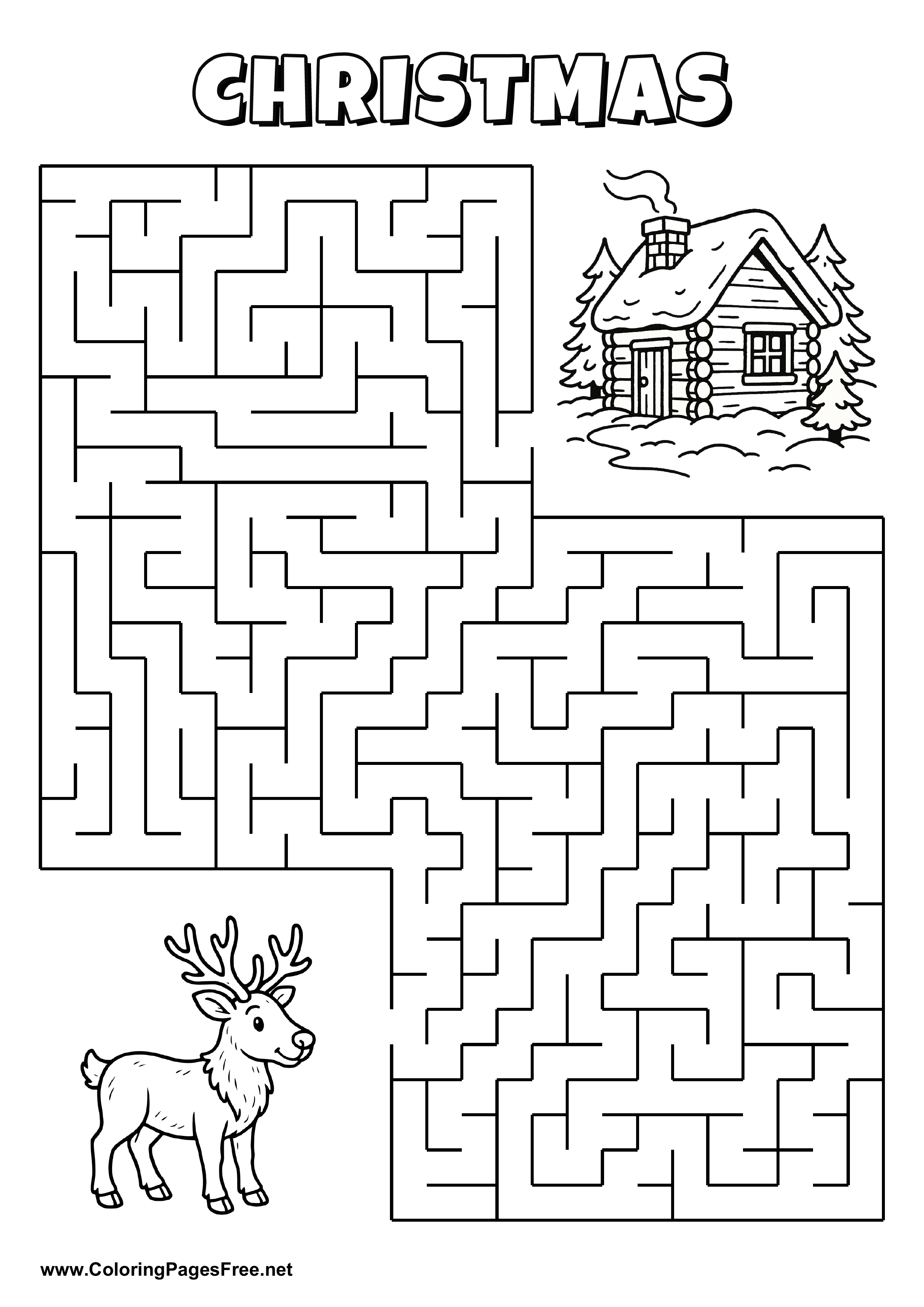 Printable Maze 'The reindeer is looking for the way to the warm winter hut'