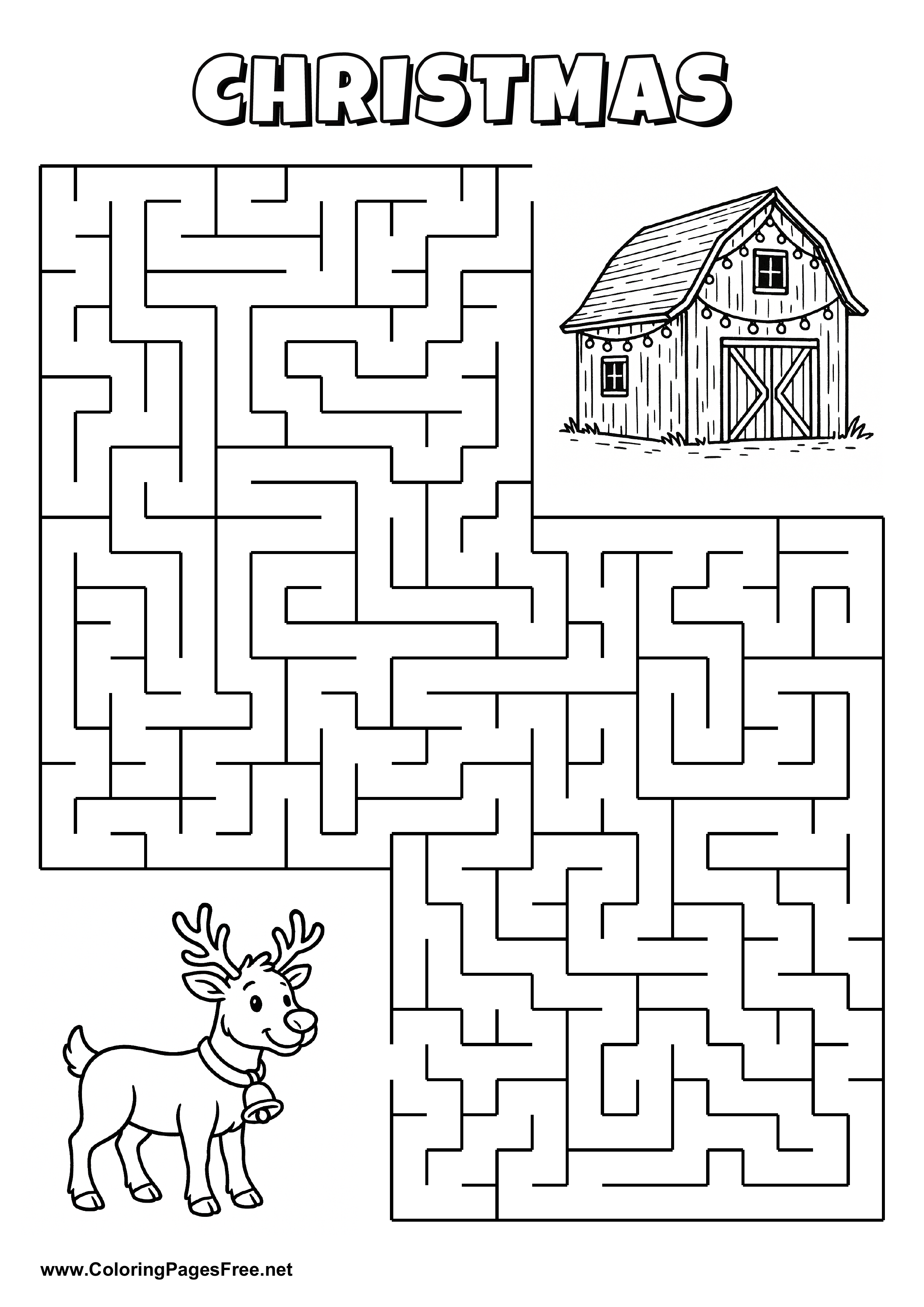 Printable Maze 'The reindeer with a bell is looking for the way to the barn with lights'