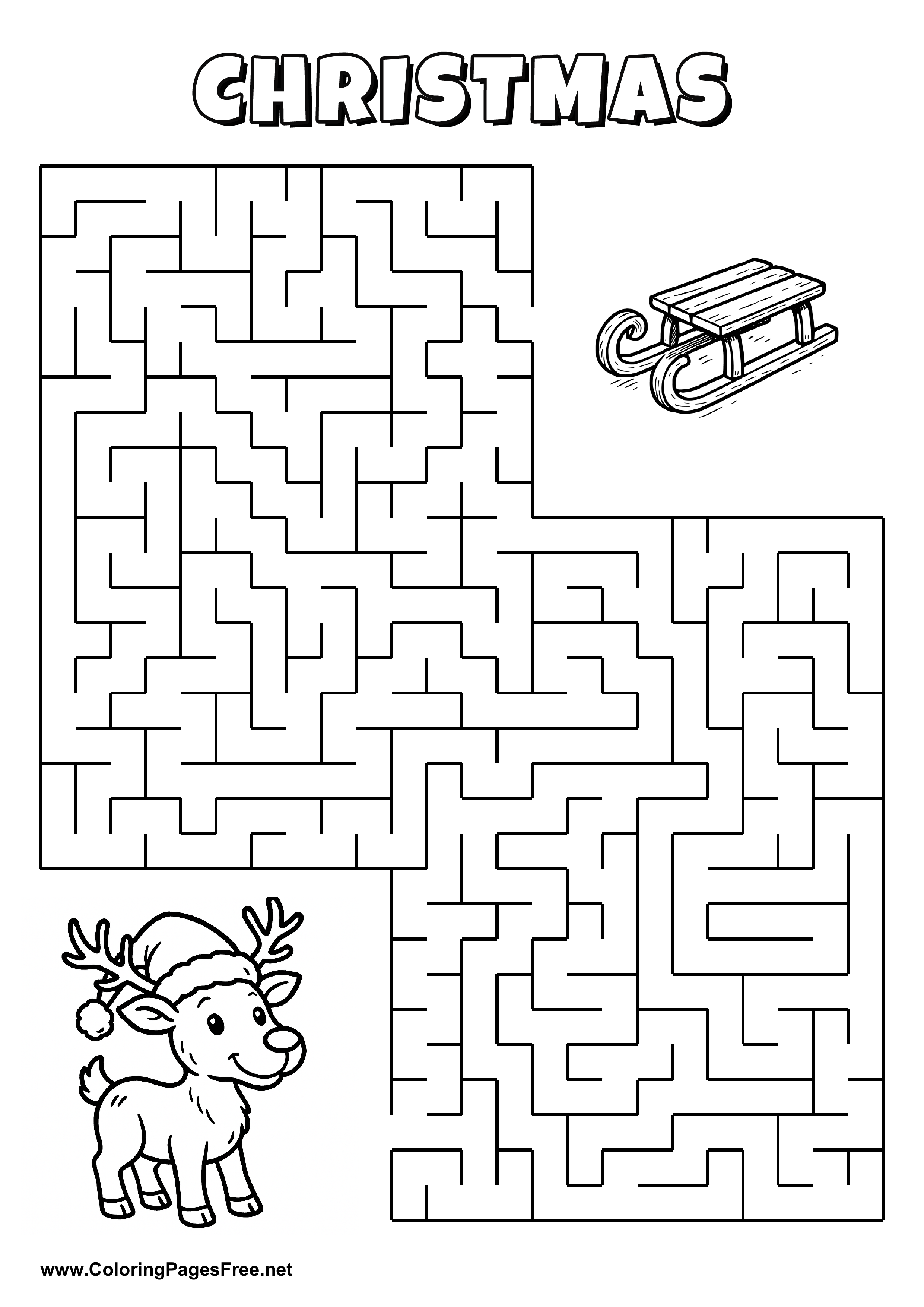 Printable Maze 'The reindeer with a Christmas hat is looking for the way to the sleigh'