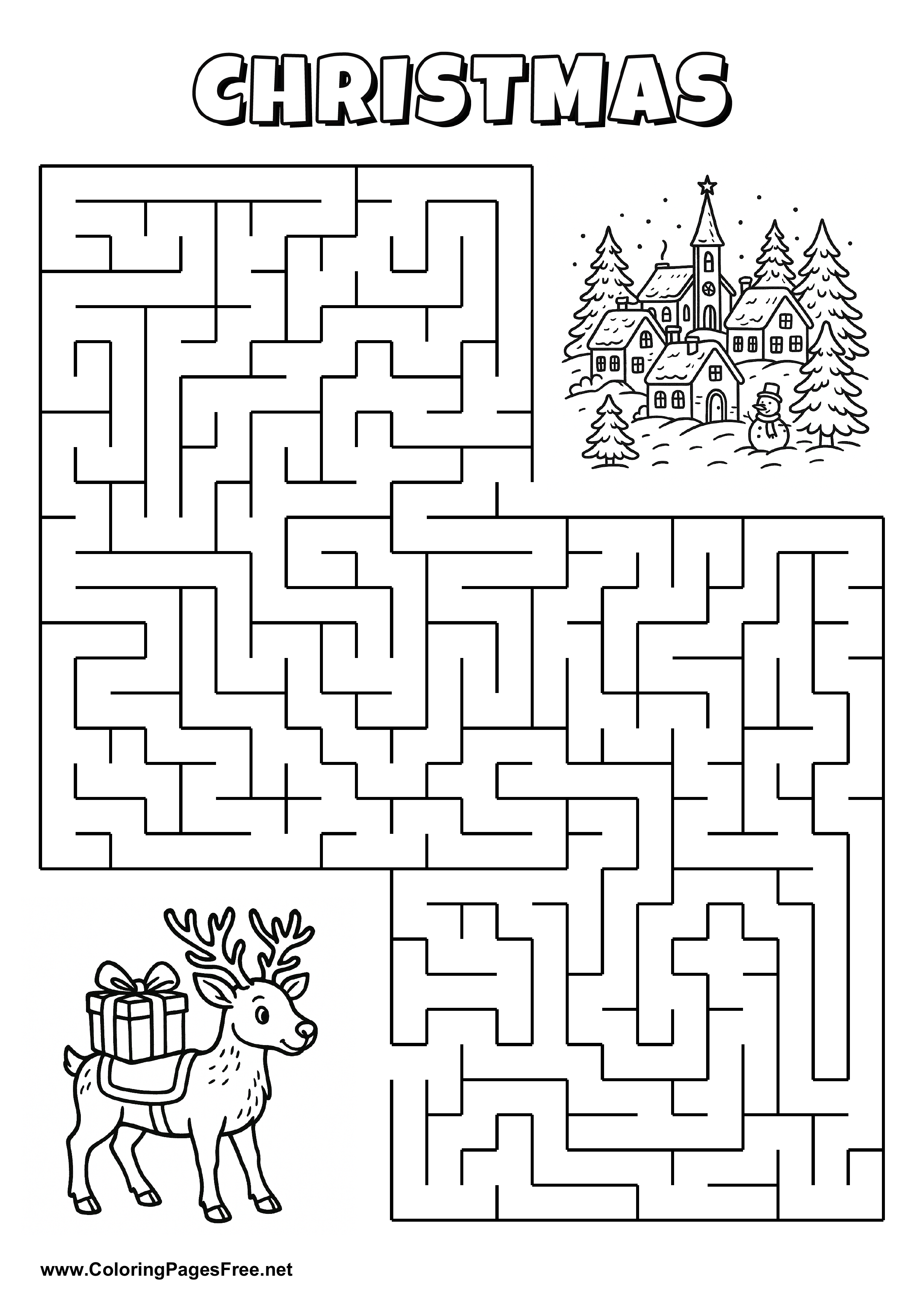 Printable Maze 'The reindeer with a gift is looking for the way to the Christmas village'