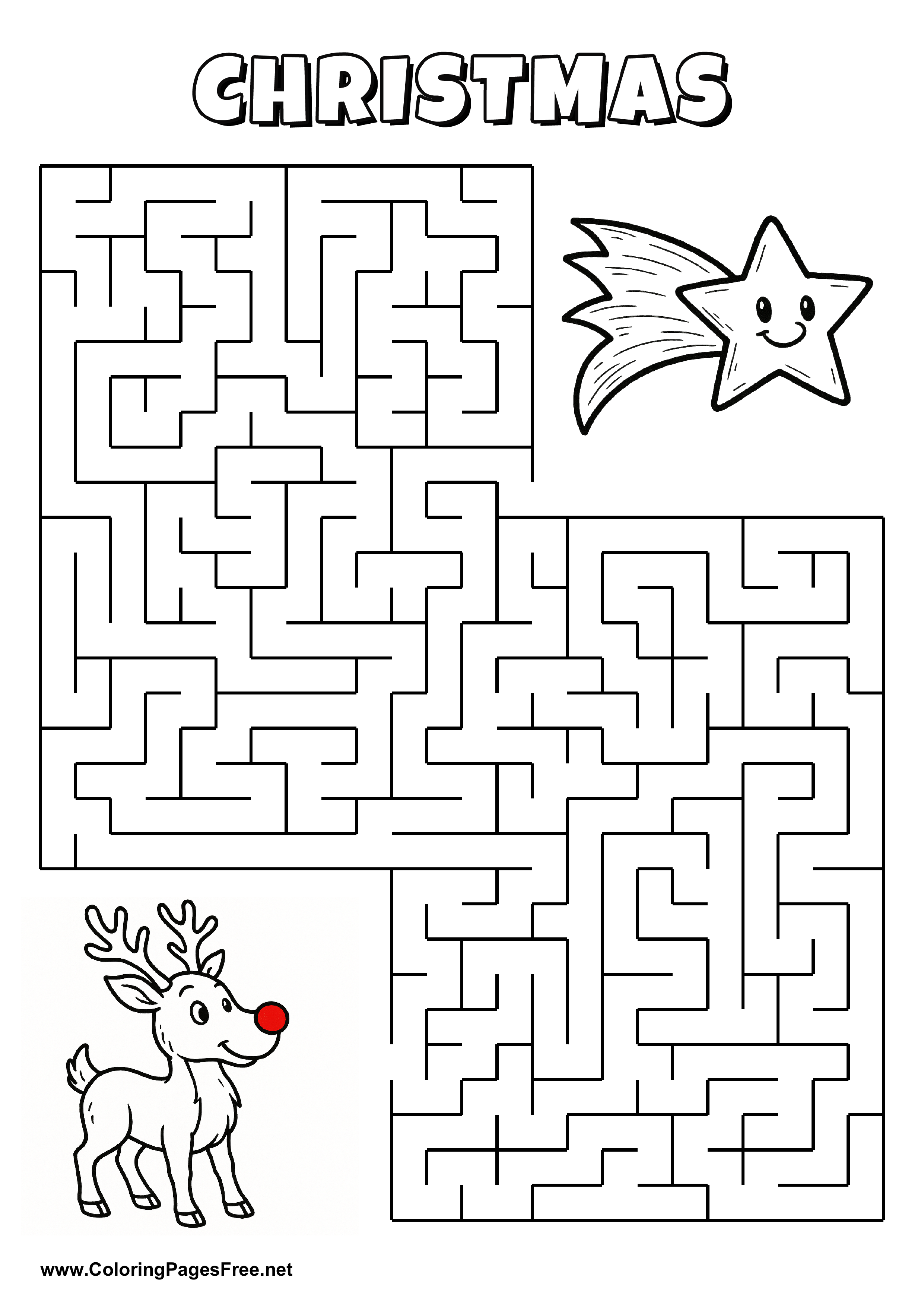 Printable Maze 'The reindeer with a red nose is looking for the way to the shooting star'